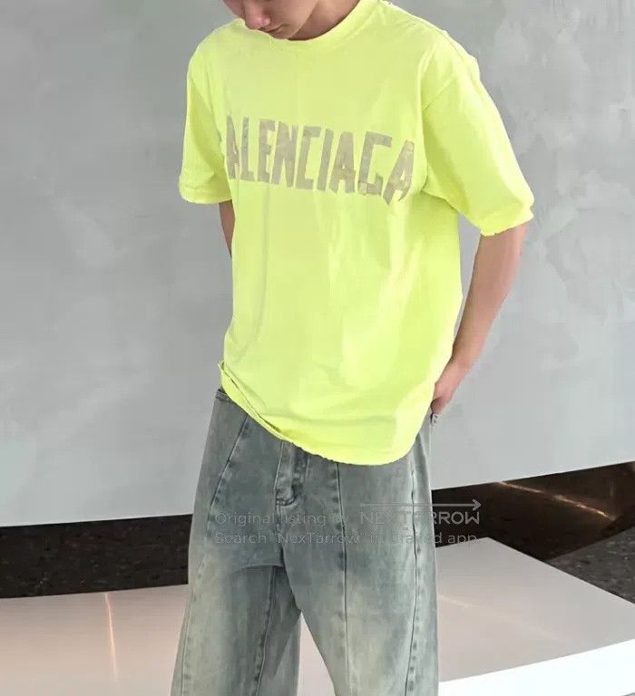 Balenciaga Balenciaga Neon Yellow Tape Worn Hole Short Sleeve Size US S / EU 44-46 / 1 - 8 Thumbnail