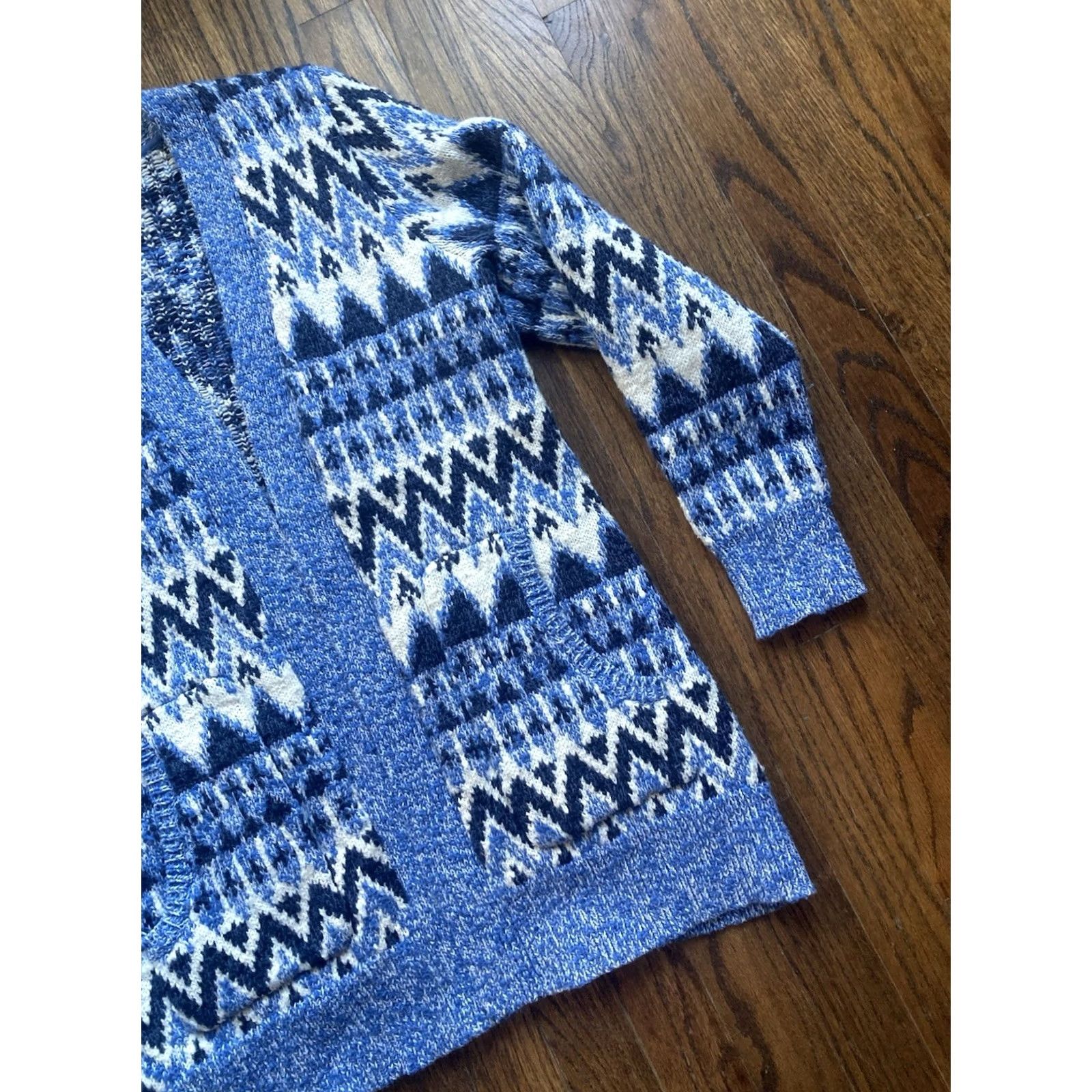 Vintage L.L. Bean Cardigan Sweater Womens Medium Blue Fair Isle Open Cotton Knit" Size M / US 6-8 / IT 42-44 - 3 Thumbnail