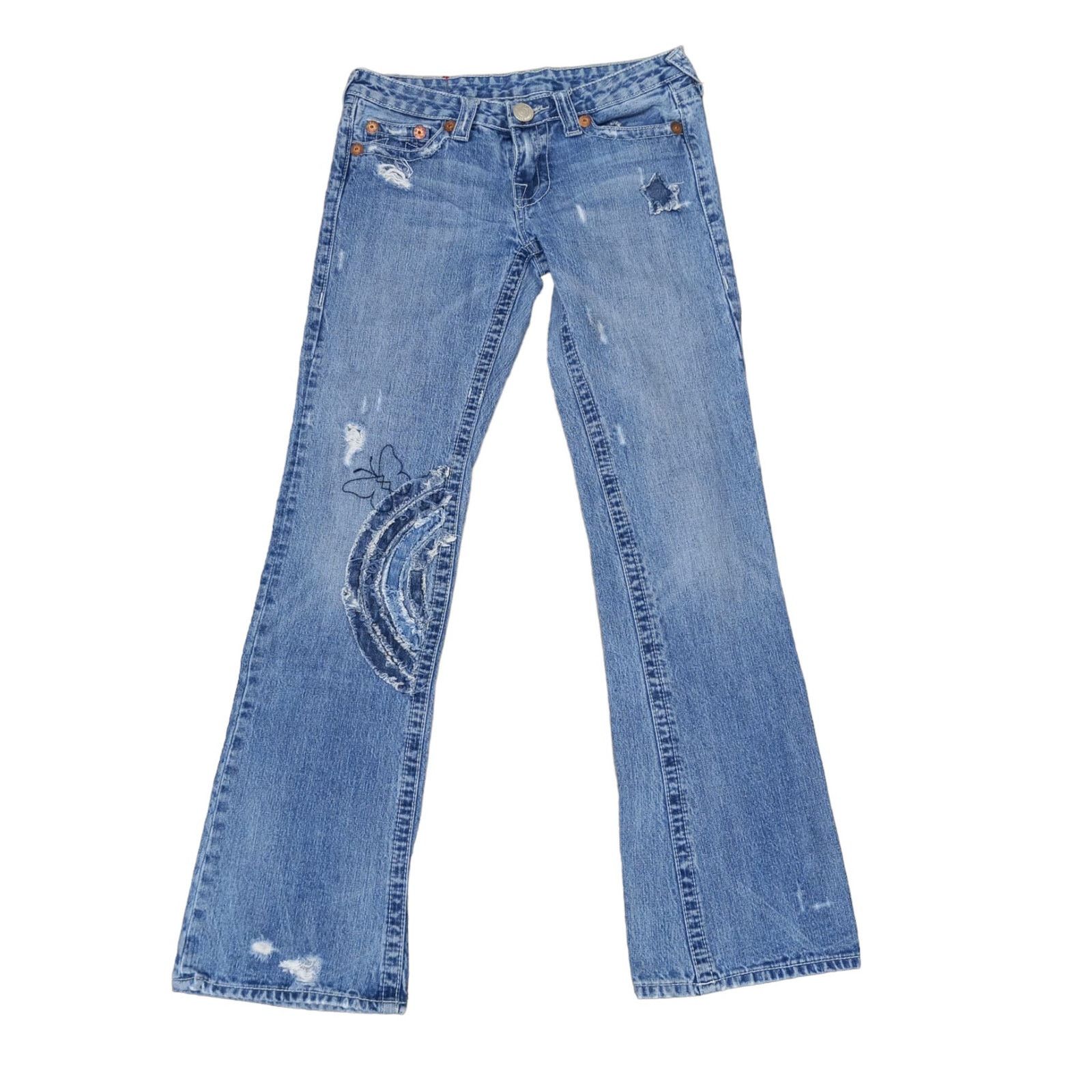 True Religion Bobby big T Blue Embroider Jeans Sz 28 .