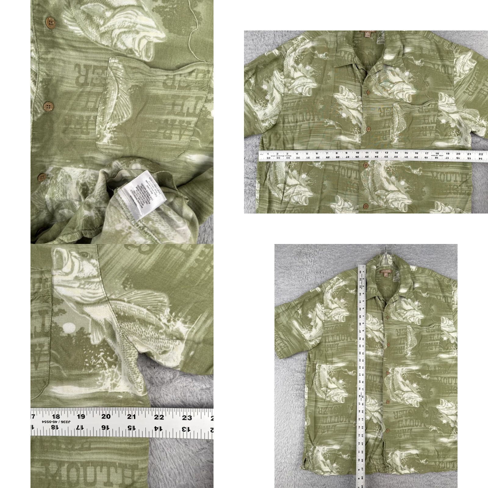 George George Button-Up Shirt Men Medium Green Hawaiian 100% Rayon Pocket Solid Collar Brief: Largemouth Bass Angler Theme Season All Seasons Vintage No Size US XXL / EU 58 / 5 - 8 Thumbnail