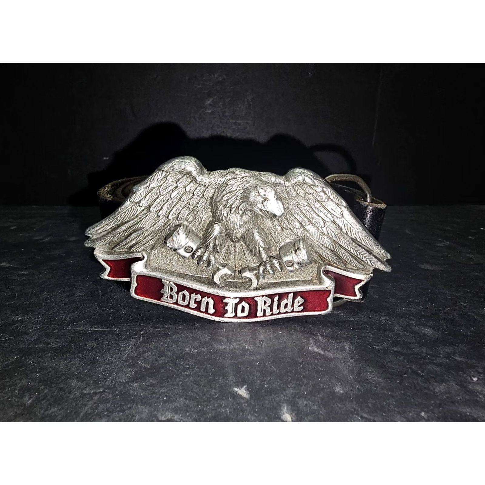Vintage VINTAGE The Great American Belt Buckle Harley-Davidson Born to Ride Belt Buckle Men Silver with red enamel 1992 1.5 in Fits Belt Width Mens Size ONE SIZE - 4 Thumbnail