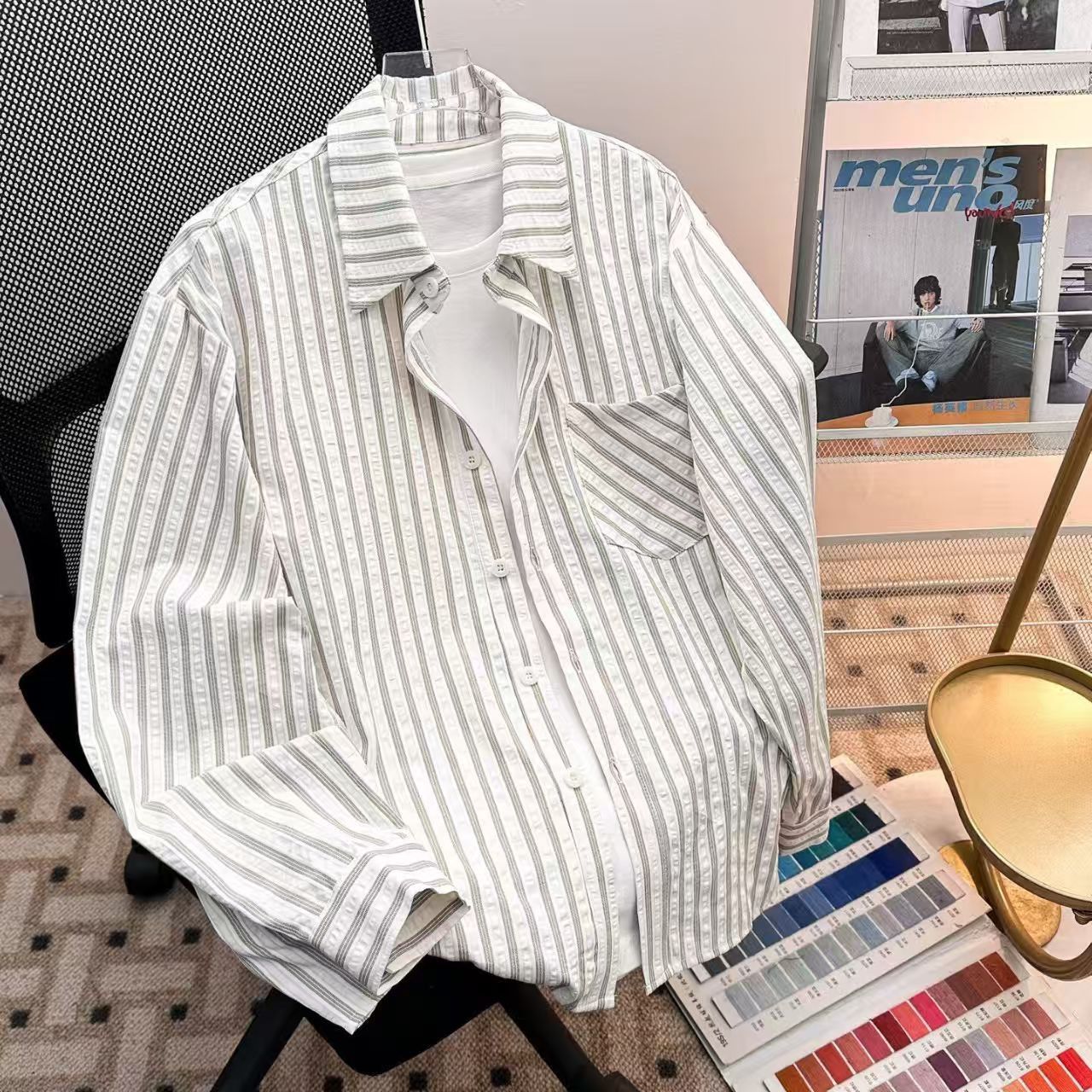Vintage Grey & White Vertical Stripe Textured Button-Up Size US M / EU 48-50 / 2 - 2 Thumbnail