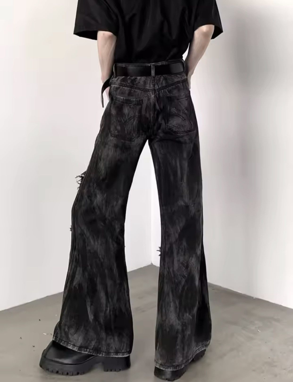 Denime × Jean Ropa Y2K Streetwear Washed Black Baggy Stacked Flare Jeans Size US 32 / EU 48 - 2 Thumbnail