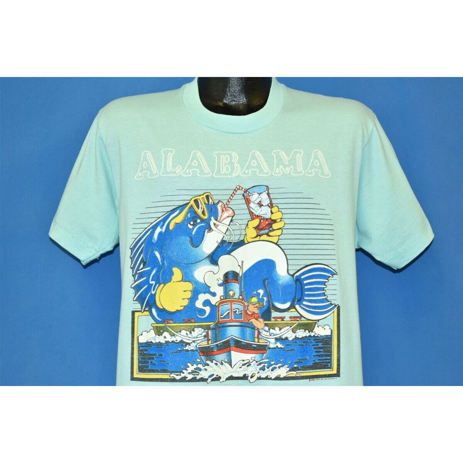 image of Screen Stars VTG 90's Alabama Catfish Drinking Fishing Boat Tugboat Funny Cartoon T-Shirt M in Whit