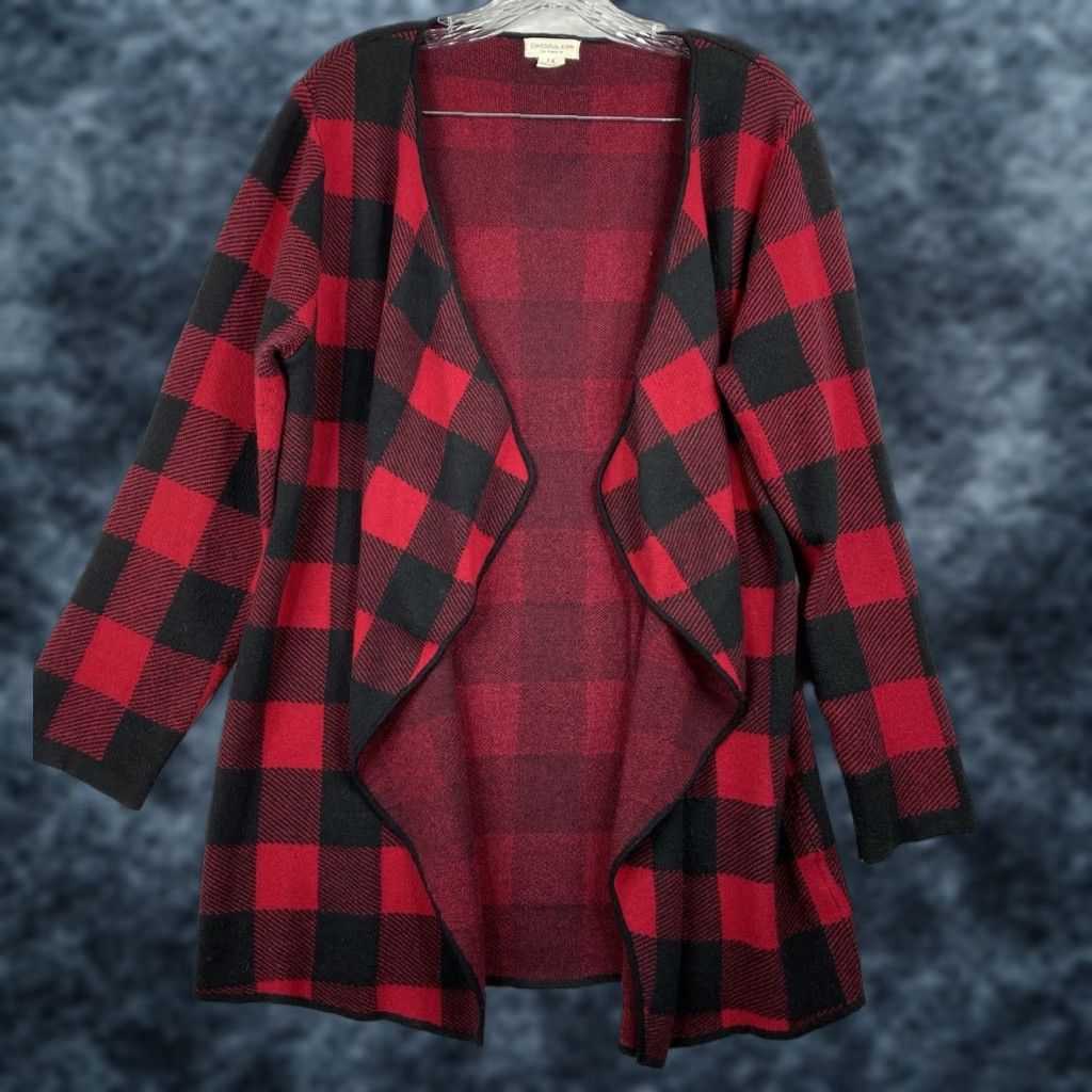 Vintage Chic Soul Cardigan Sweater Womens 1X Red Buffalo Plaid Open Front Draped Duster Size XL / US 12-14 / IT 48-50 - 1 Thumbnail