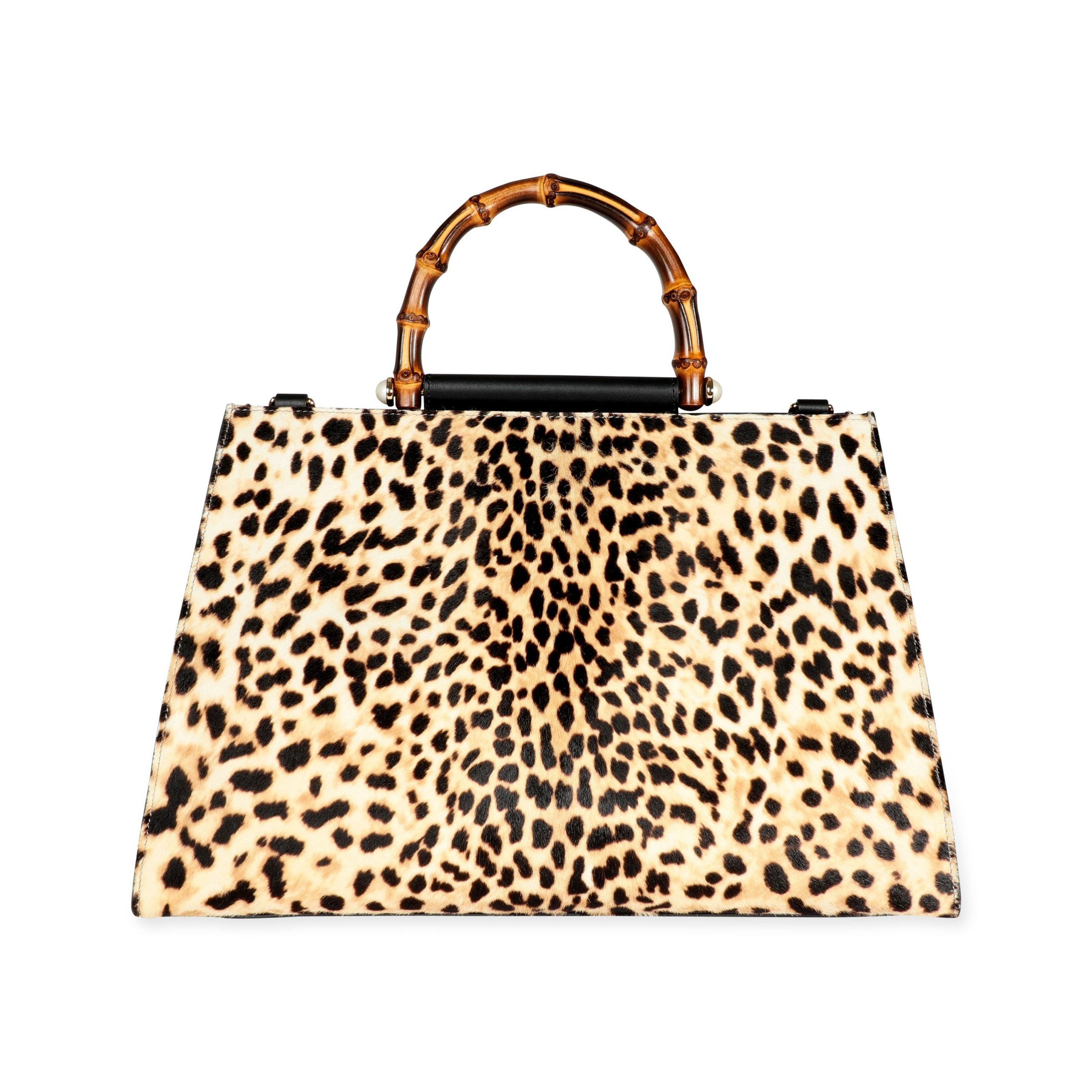 image of Gucci Leopard-Printed Calf Hair Nymphaea Bamboo Top Handle Tote in Yellow, Women's