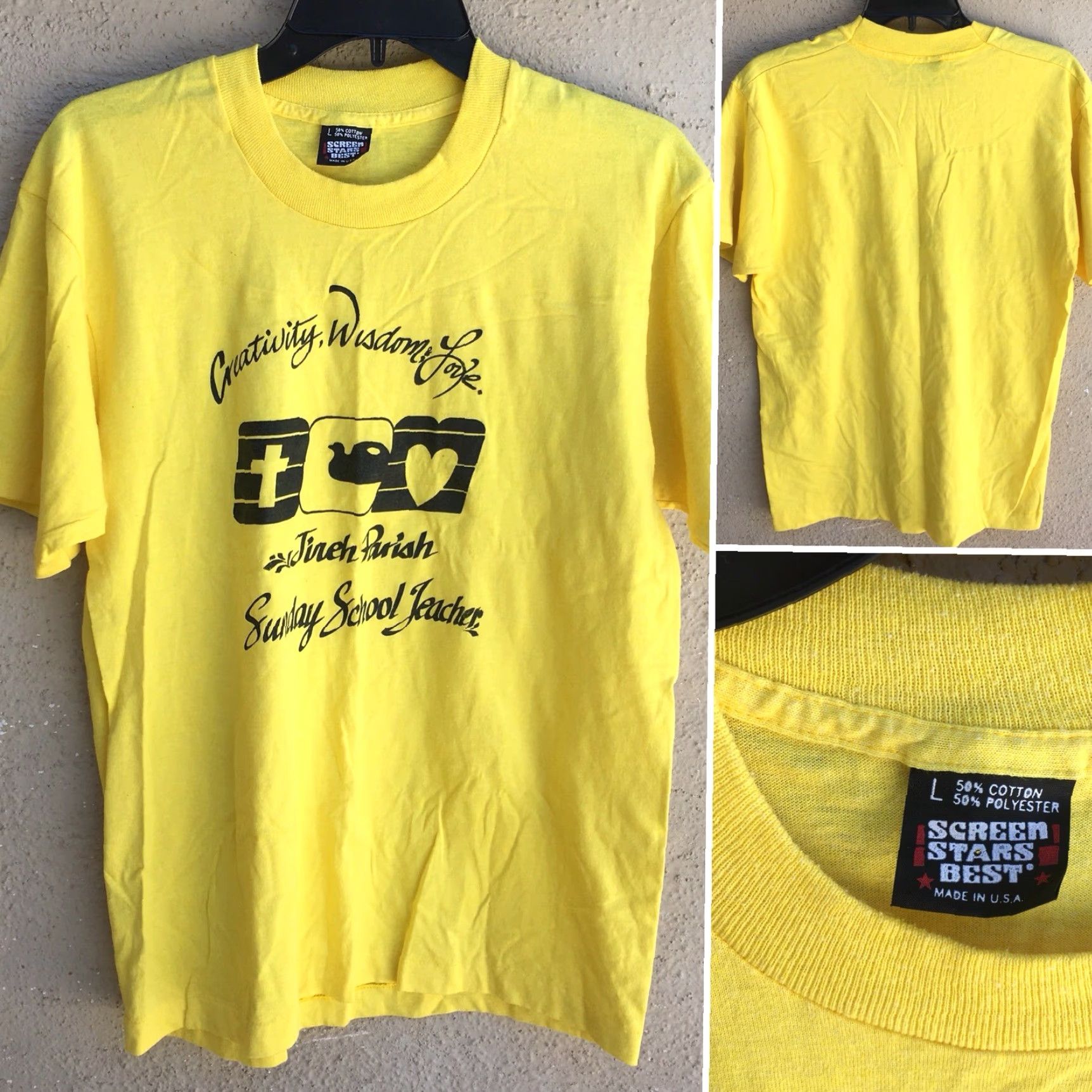 Vintage VINTAGE Screen Stars T-Shirt Yellow L Graphic Tee Unisex 1980s Sunday School Teacher Jireh Parish Wisdom Creativity Love Sz L Size US L / EU 52-54 / 3 - 3 Thumbnail