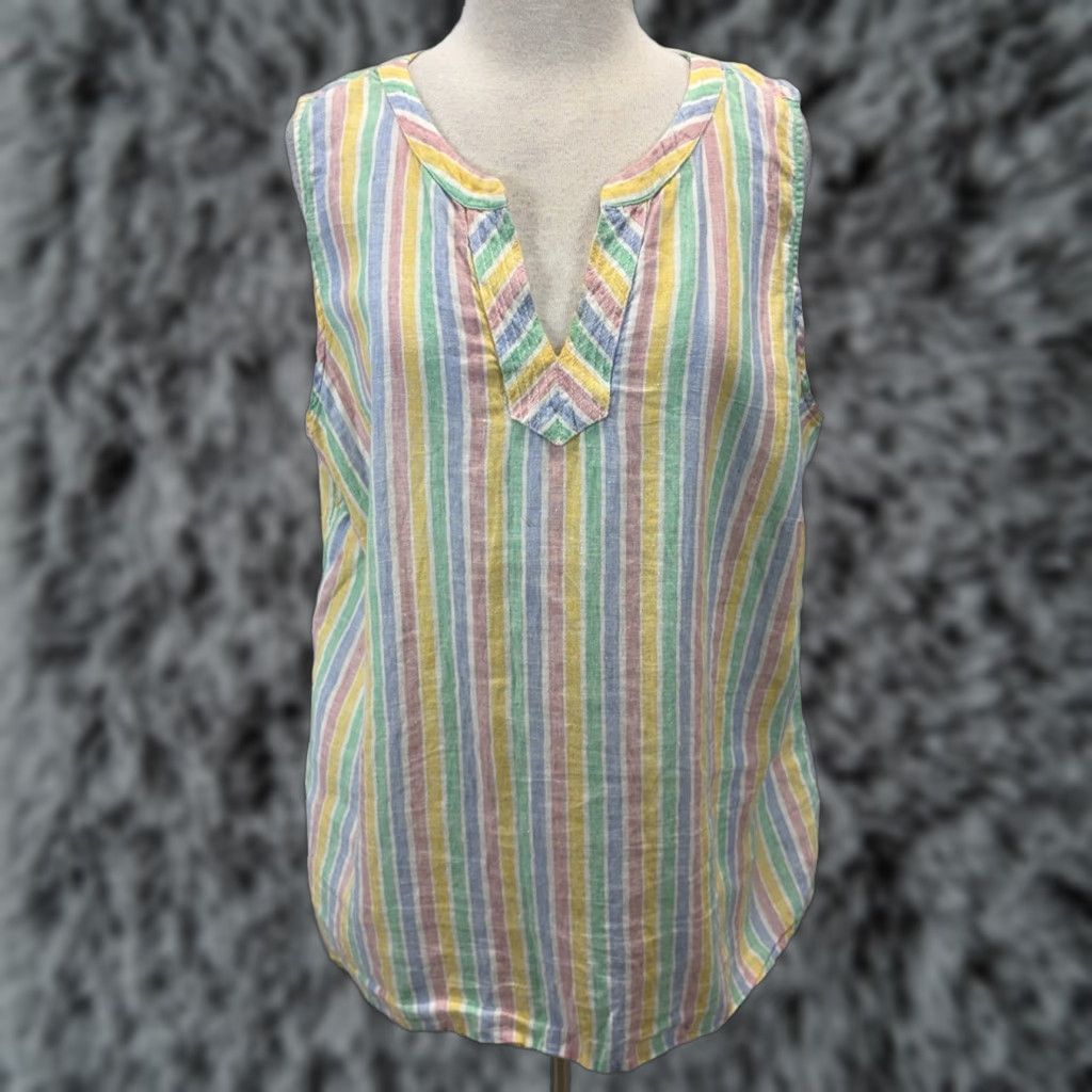 Talbots VINTAGE Talbots Blouse Shirt 2X Plus Sleeveless Linen Striped Pastel Split Neck Womens Size XXL / US 16-18 / IT 52-54 - 1 Thumbnail