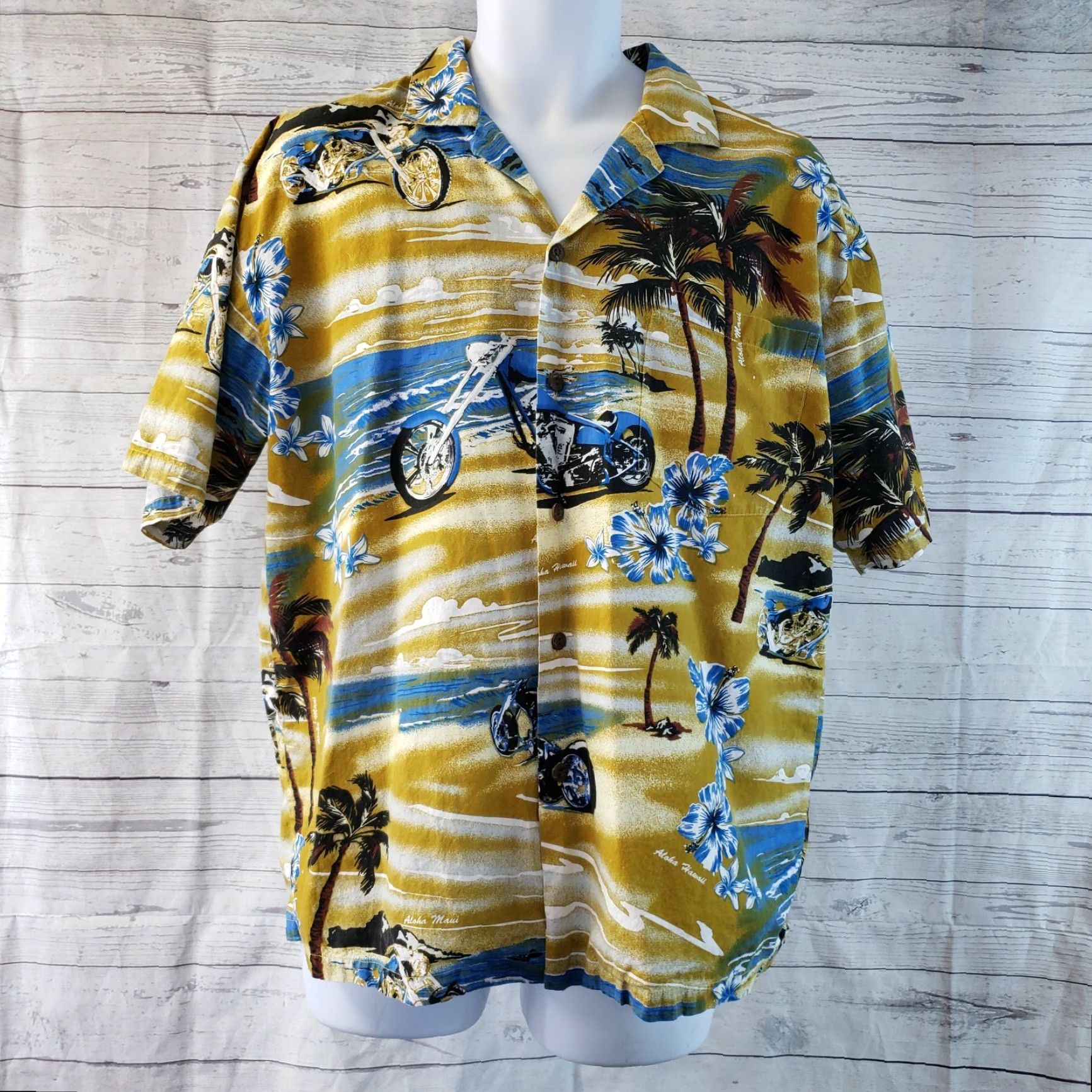 ALOHAS Aloha Fashion Mens Hawaiian Shirt Sz Large Blue Mustard Short Sleeve Button-Up Casual 90s Theme Mens Size US L / EU 52-54 / 3 - 2 Thumbnail