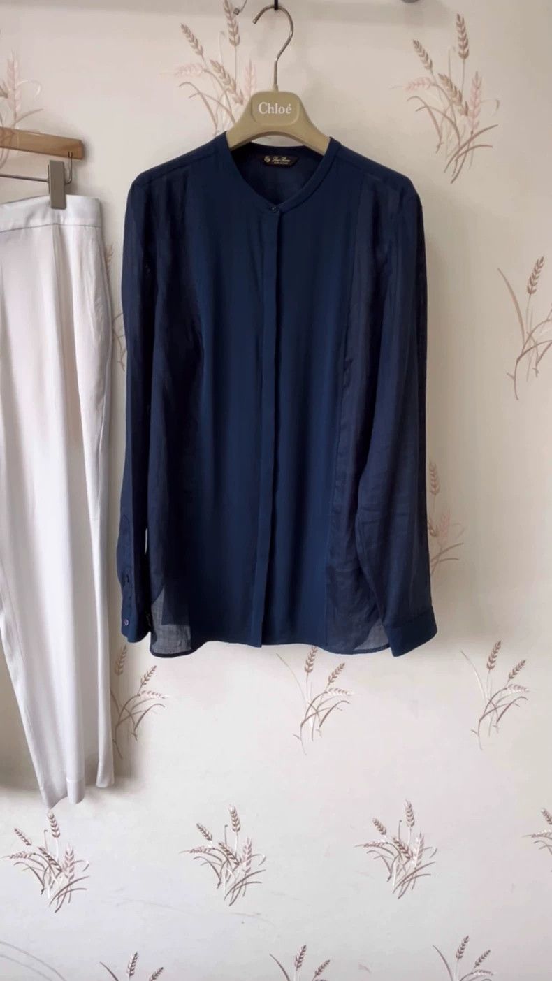 LORO PIANA Dark blue linen silk top