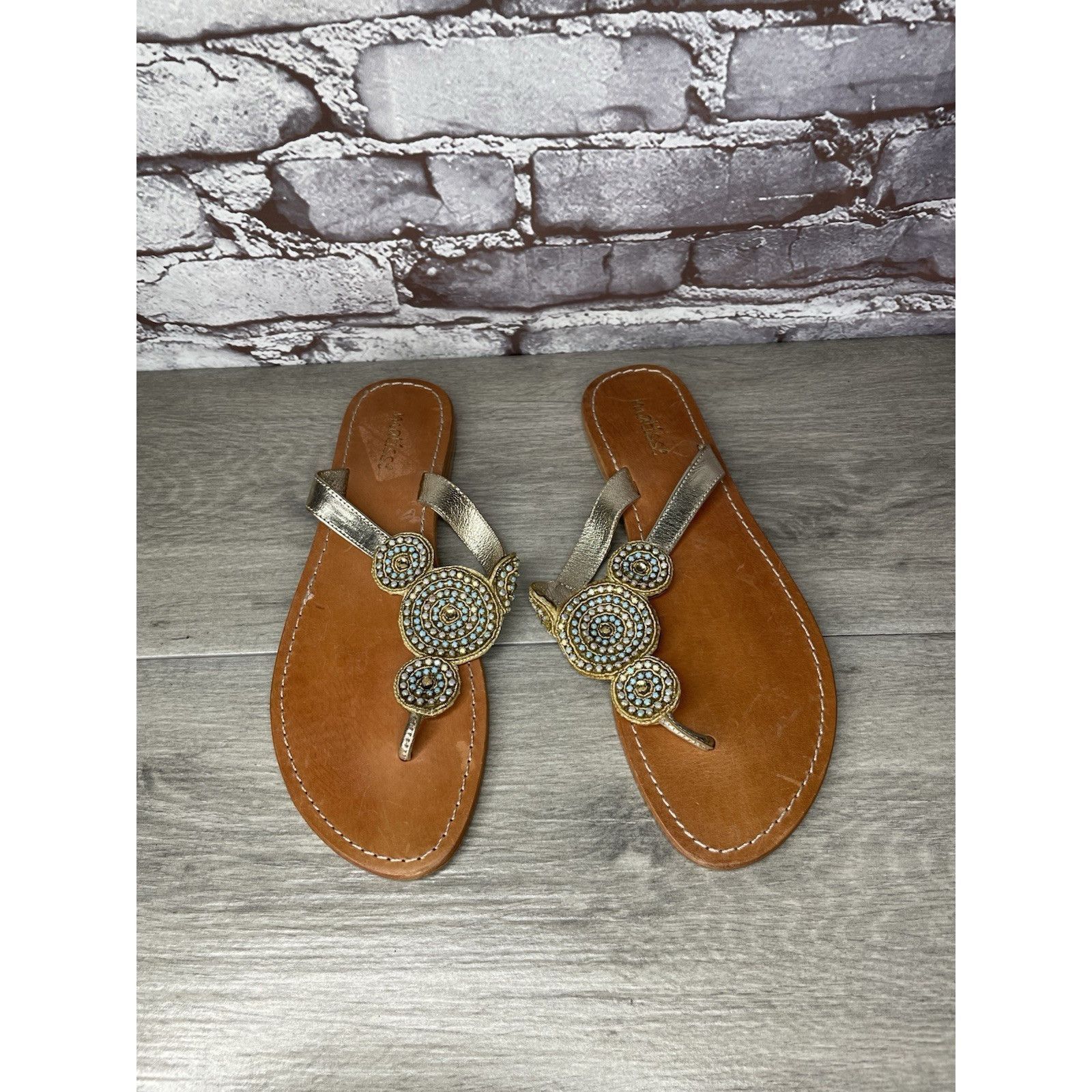 Matiere Studio Matisse Silver Leather Beaded Embellished Flat Thong Sandals Size US 11 / IT 41 - 2 Thumbnail