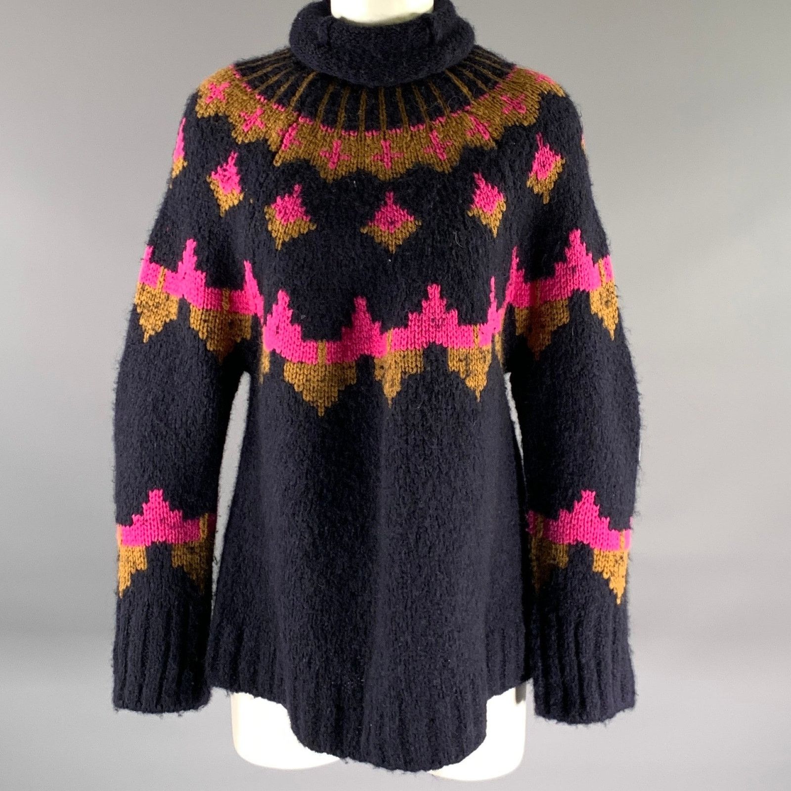A.L.C. A.L.C. S Navy Neon Pink Wool Blend Geometric Pull On Sweater Size S / US 4 / IT 40 - 1 Thumbnail