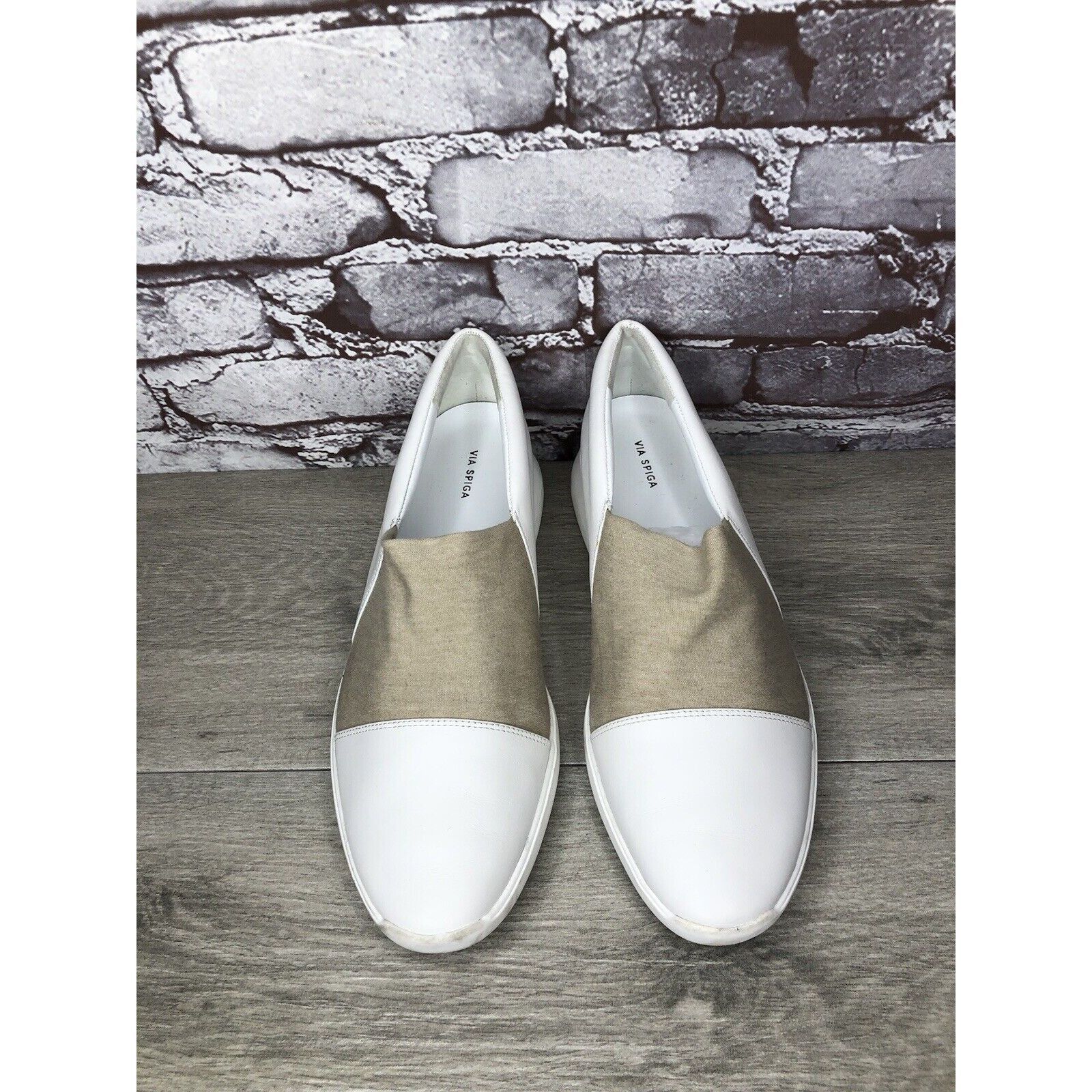 Other Via Spiga White Leather Beige Fabric Slip On Sneakers Women’ Size US 9.5 / IT 39.5 - 1 Thumbnail