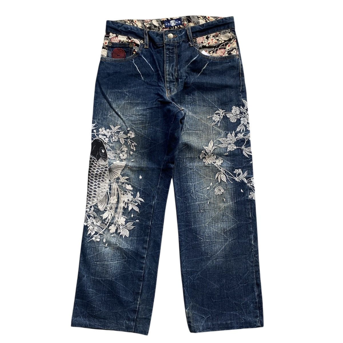 Japanese Brand 🔥RARE🔥 Japanese Full Embroided Koi Karakuri Sukajan Jeans Size US 33 - 3 Thumbnail