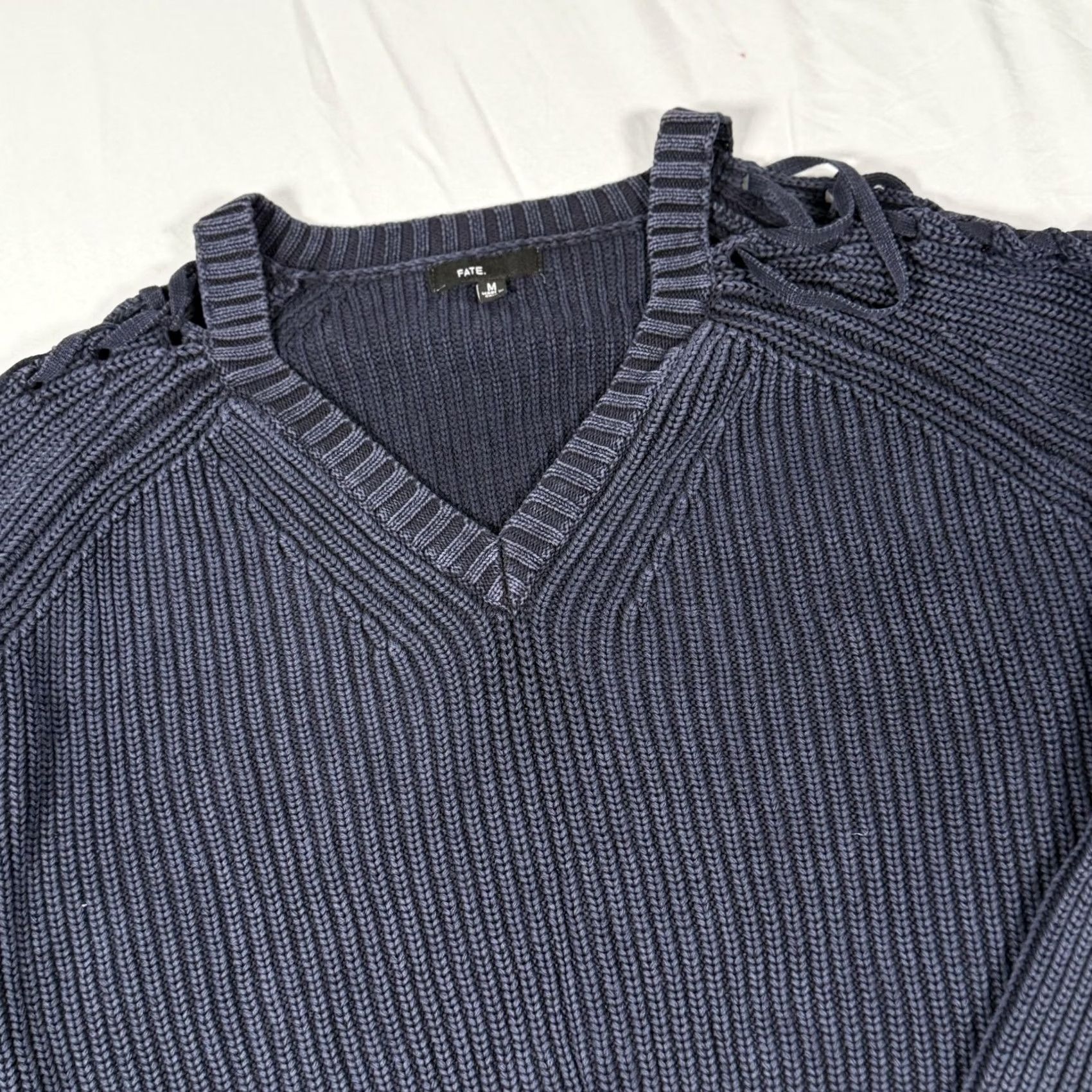 Vintage Fate Sweater Womens Medium Navy Blue V Neck Lace Up Sleeve Cotton Knit Ribbed Size M / US 6-8 / IT 42-44 - 3 Thumbnail