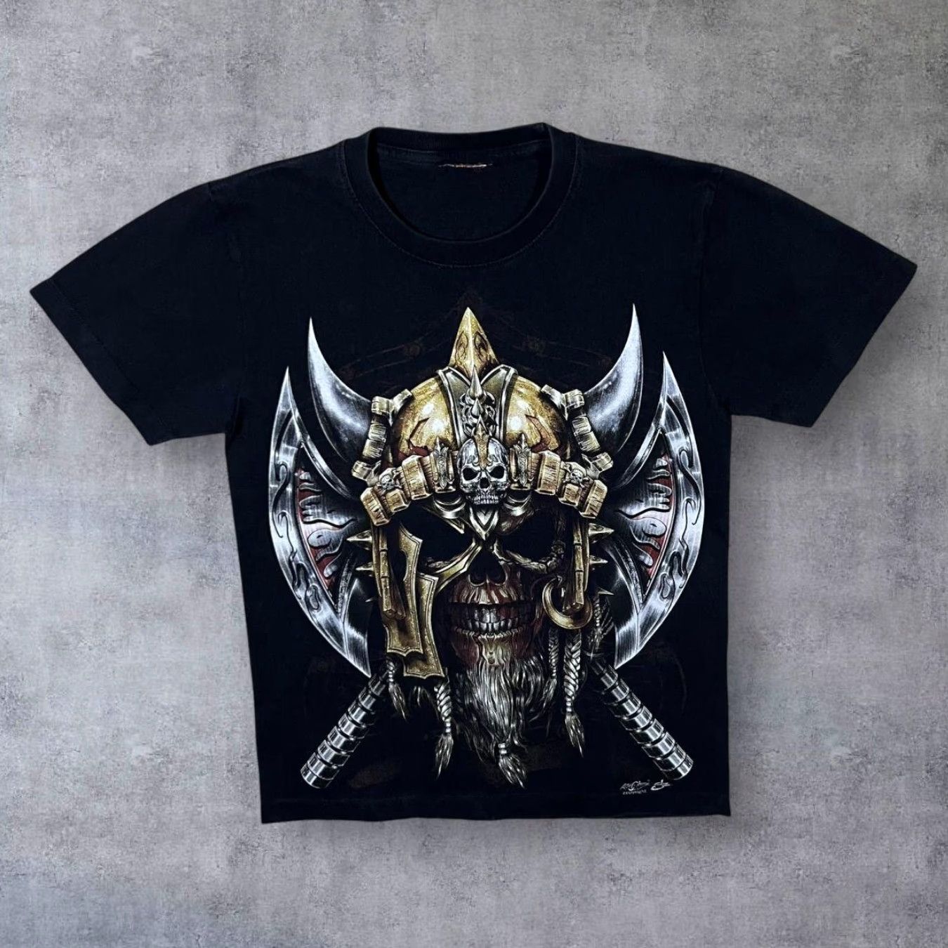 Vintage Rock Chang Early 00's Goth Viking Skull Axe Graphic Black T-Shirt Small Mens Short Sleeve Round Neck Graphic Print Size US S / EU 44-46 / 1 - 2 Thumbnail