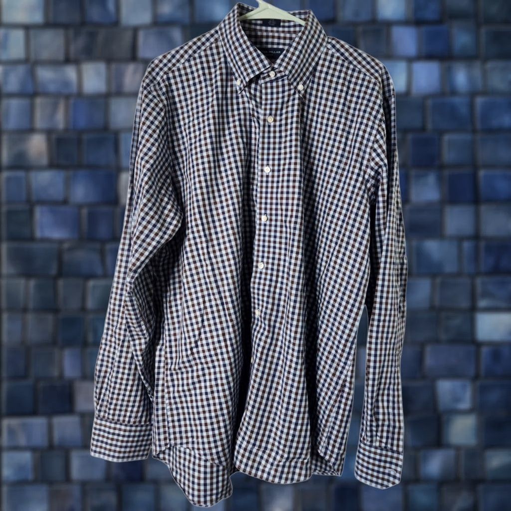 Peter Millar Peter Millar Mens Dress Shirt Long Sleeve Plaid Button-Down Blue Brown L Size 42R - 1 Thumbnail