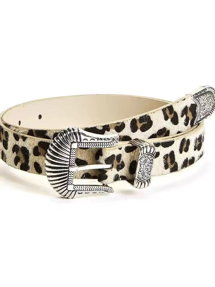 Japanese Brand Khaki Leopard Print Western PU Leather Belt Size ONE SIZE - 1 Thumbnail