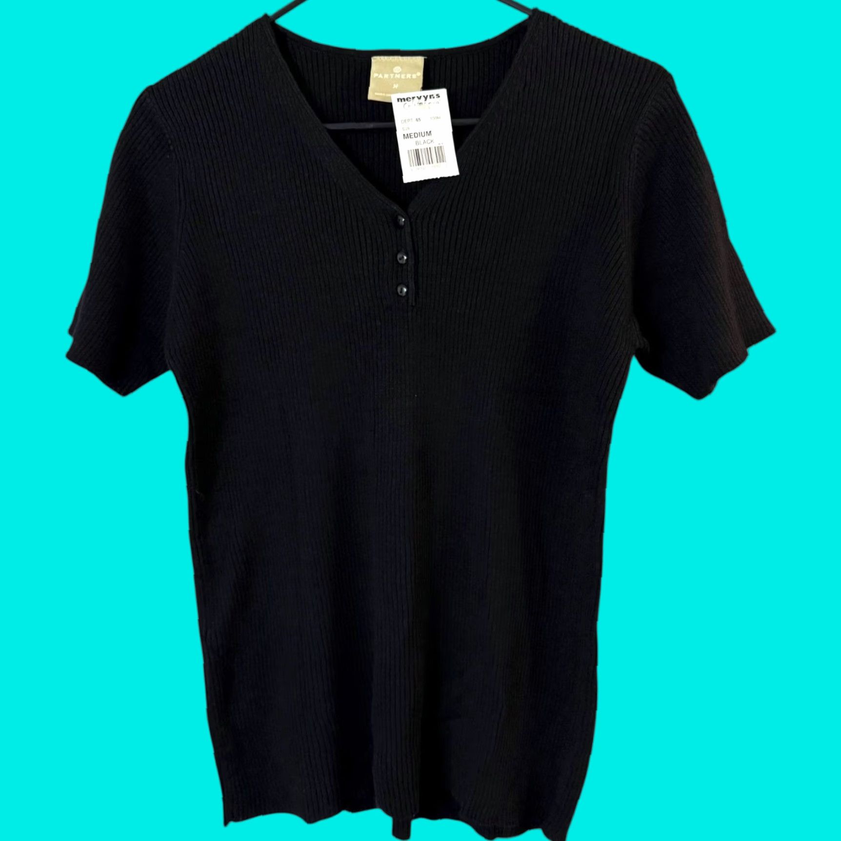 Vintage VINTAGE Mervyn's Partners Rib-Knit V-Neck Shirt Top Blouse Women M Black 55% Ramie 45% Cotton All-Season City Classic Vintage Brand Shirts Womens Size M / US 6-8 / IT 42-44 - 1 Thumbnail