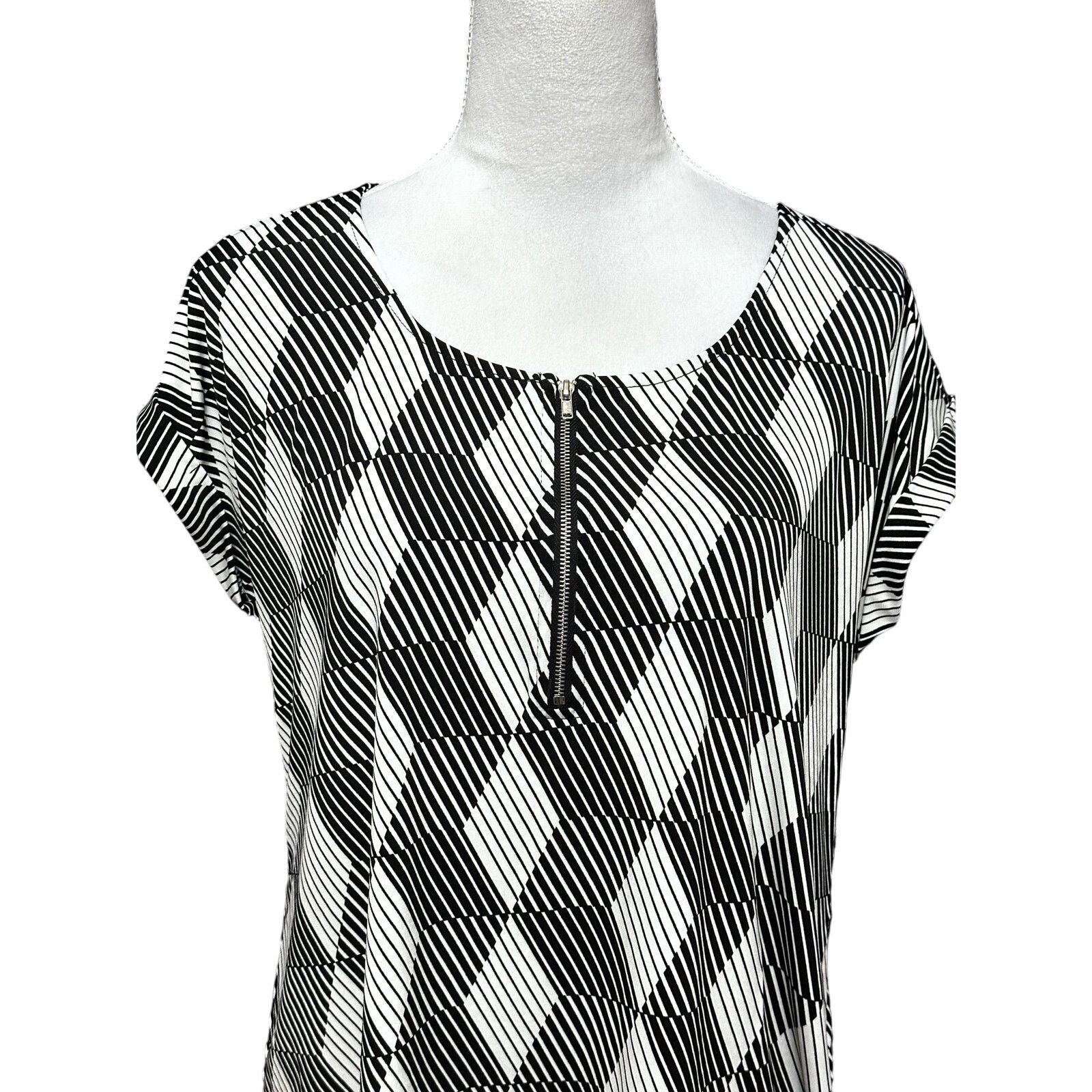 Other NY Collection Blouse Front Zip Geometric Black White W LP Size L / US 10 / IT 46 - 3 Thumbnail