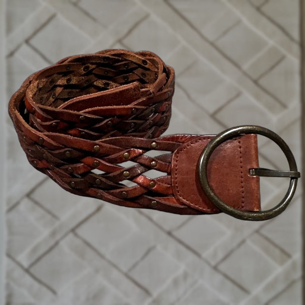 Fossil VINTAGE Fossil Leather Belt Women Large Wide Brass Studded Boho Woven Pattern Size ONE SIZE - 1 Thumbnail
