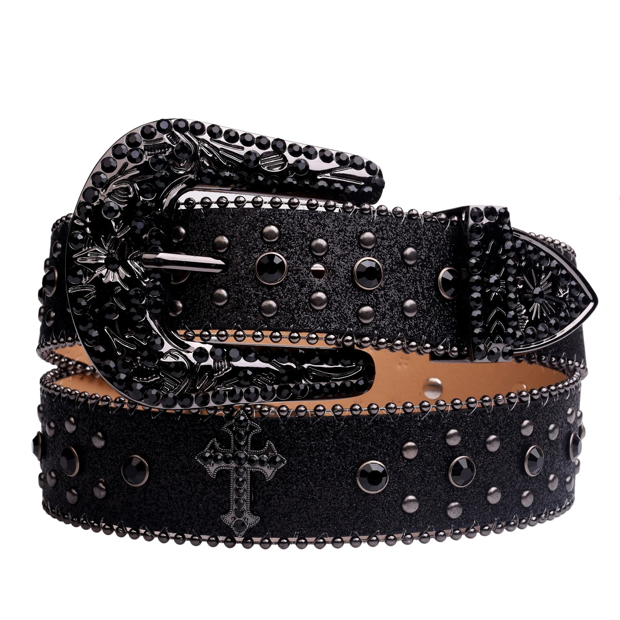 Japanese Brand Cowboy Black Rhinestone belt design leather belt inlay Size ONE SIZE - 2 Thumbnail