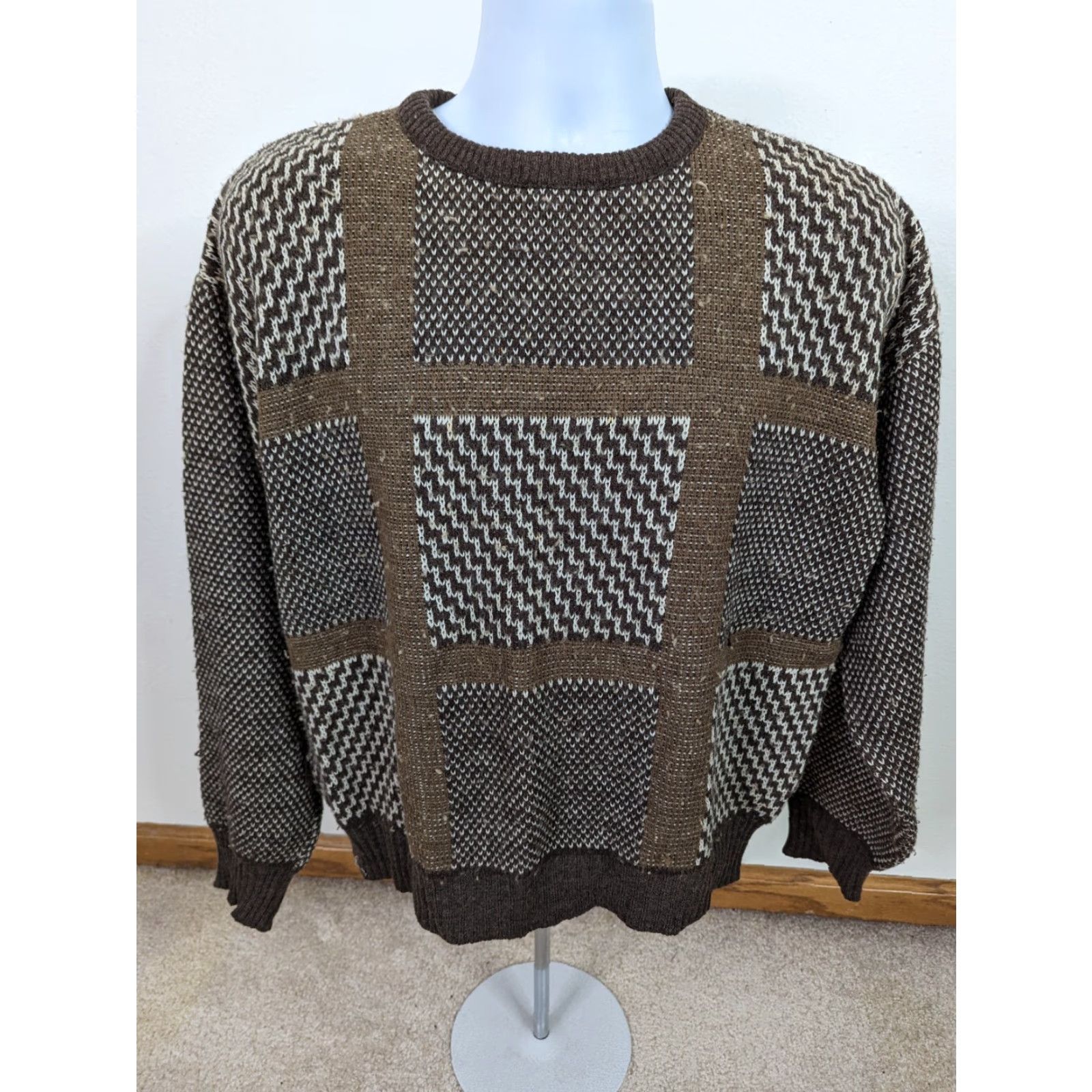 Vintage VINTAGE 80s Long Sleeve Plaid Check Grandpa Sweater Brown Men's L C1M Pullover Knit Shirt? Size US L / EU 52-54 / 3 - 2 Thumbnail