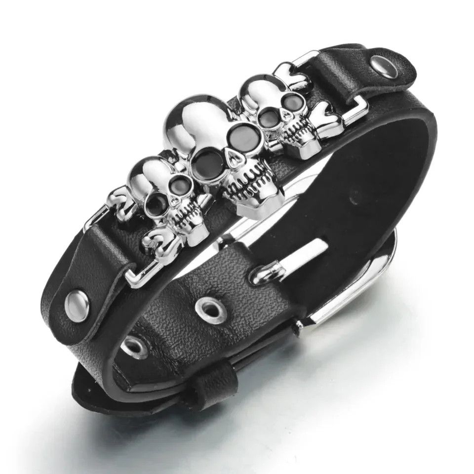 Jewelry PU Leather Skeleton Skull Bracelate Size ONE SIZE - 4 Thumbnail