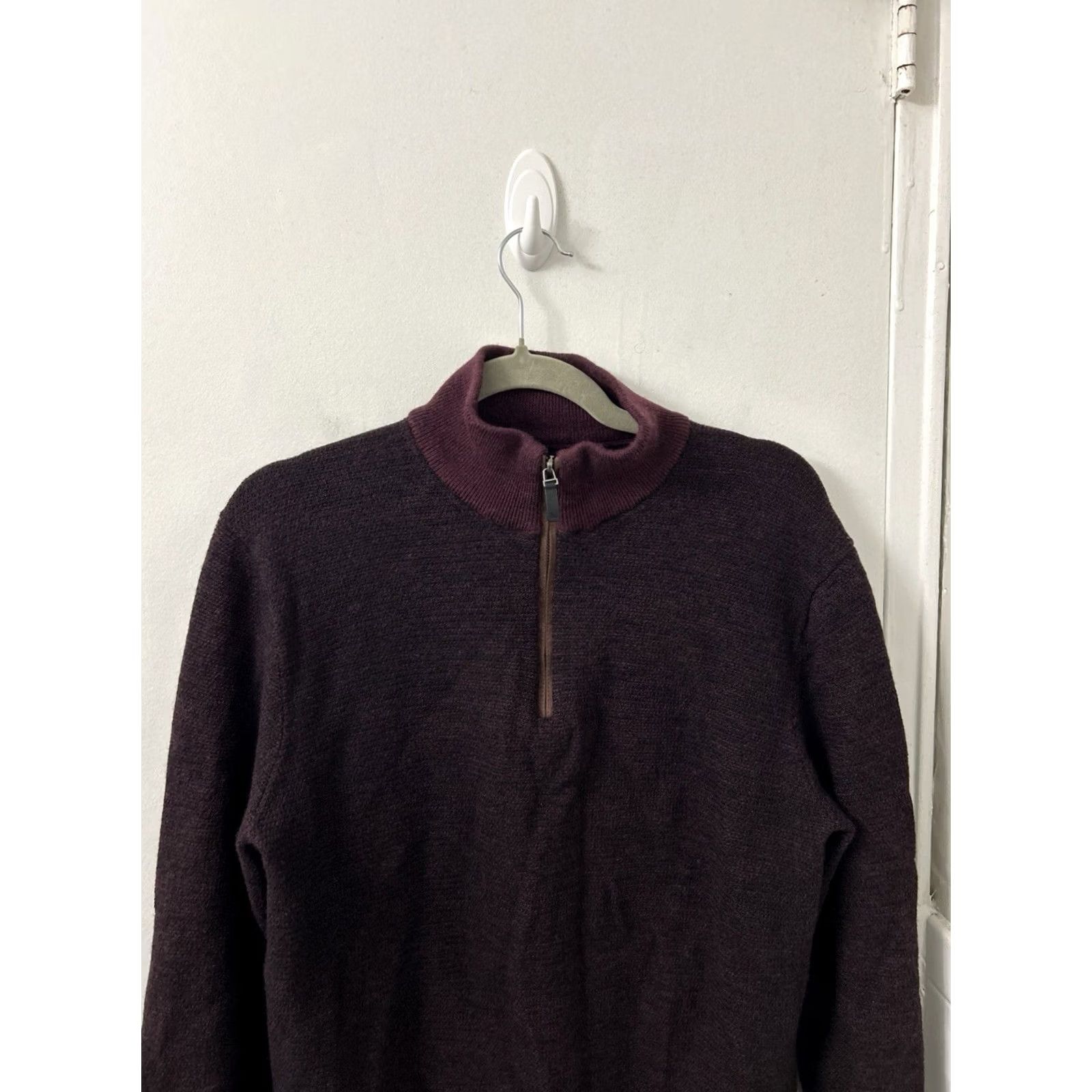 UNTUCKit UNTUCKit 1/4 Zip Mens M Burgundy Belguardo Birdseye 100% Merino Wool Sweater L/S Size US M / EU 48-50 / 2 - 4 Thumbnail