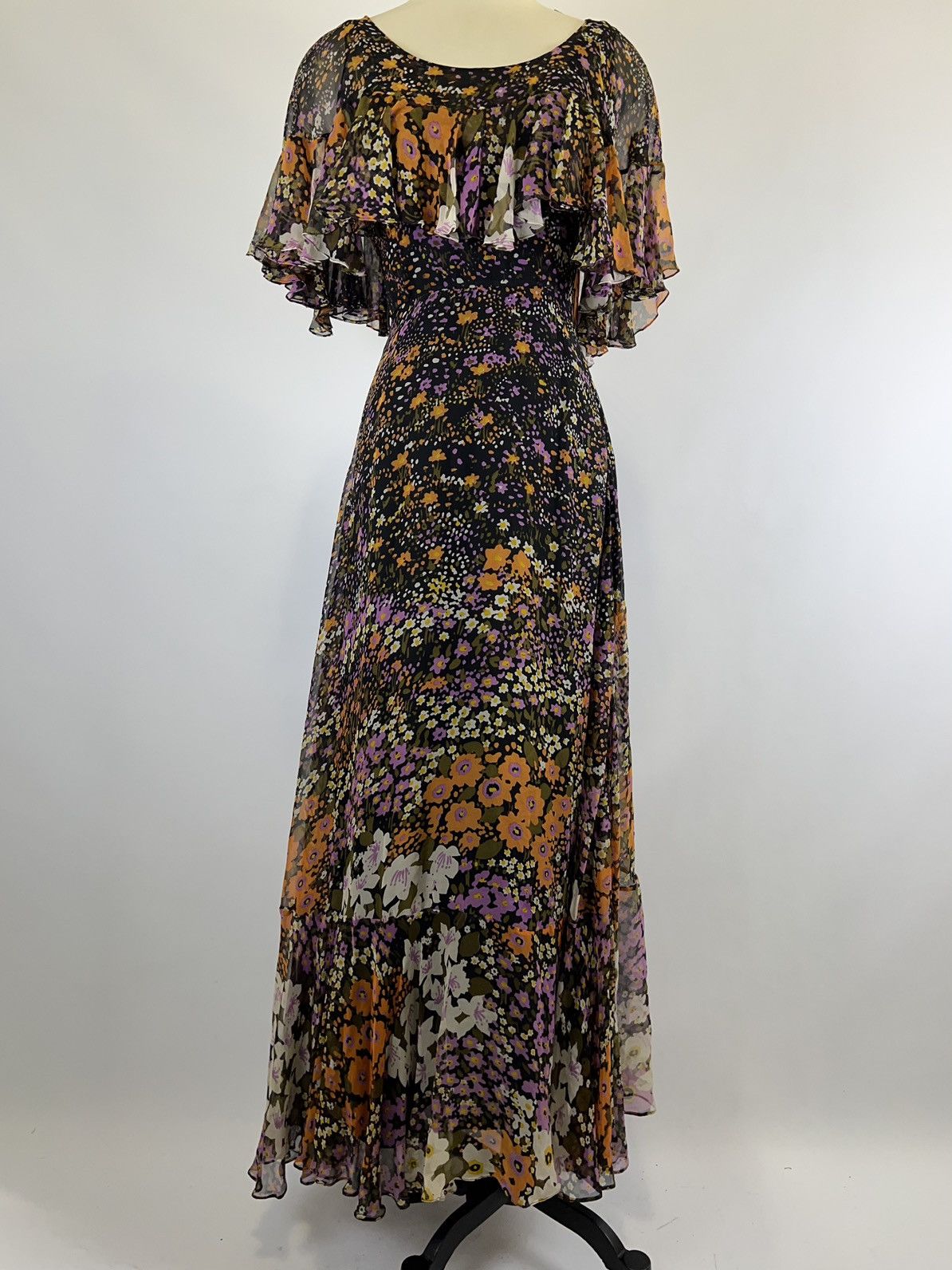 image of Vintage 1970S Valerie Parr 100% Silk Black Floral Gown, Women's (Size Small)