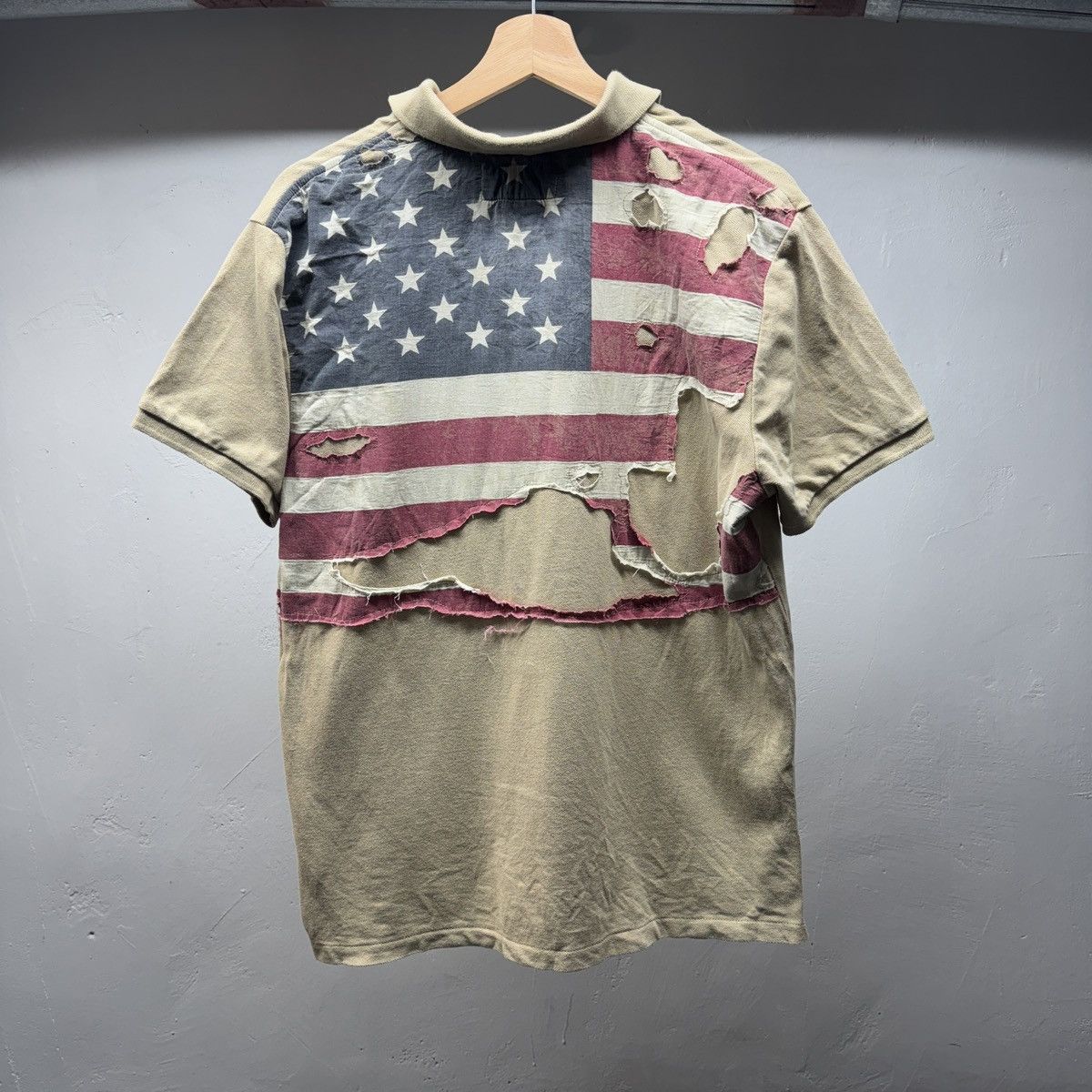 Denim & Supply Distressed American Flag Polo Shirt Grunge