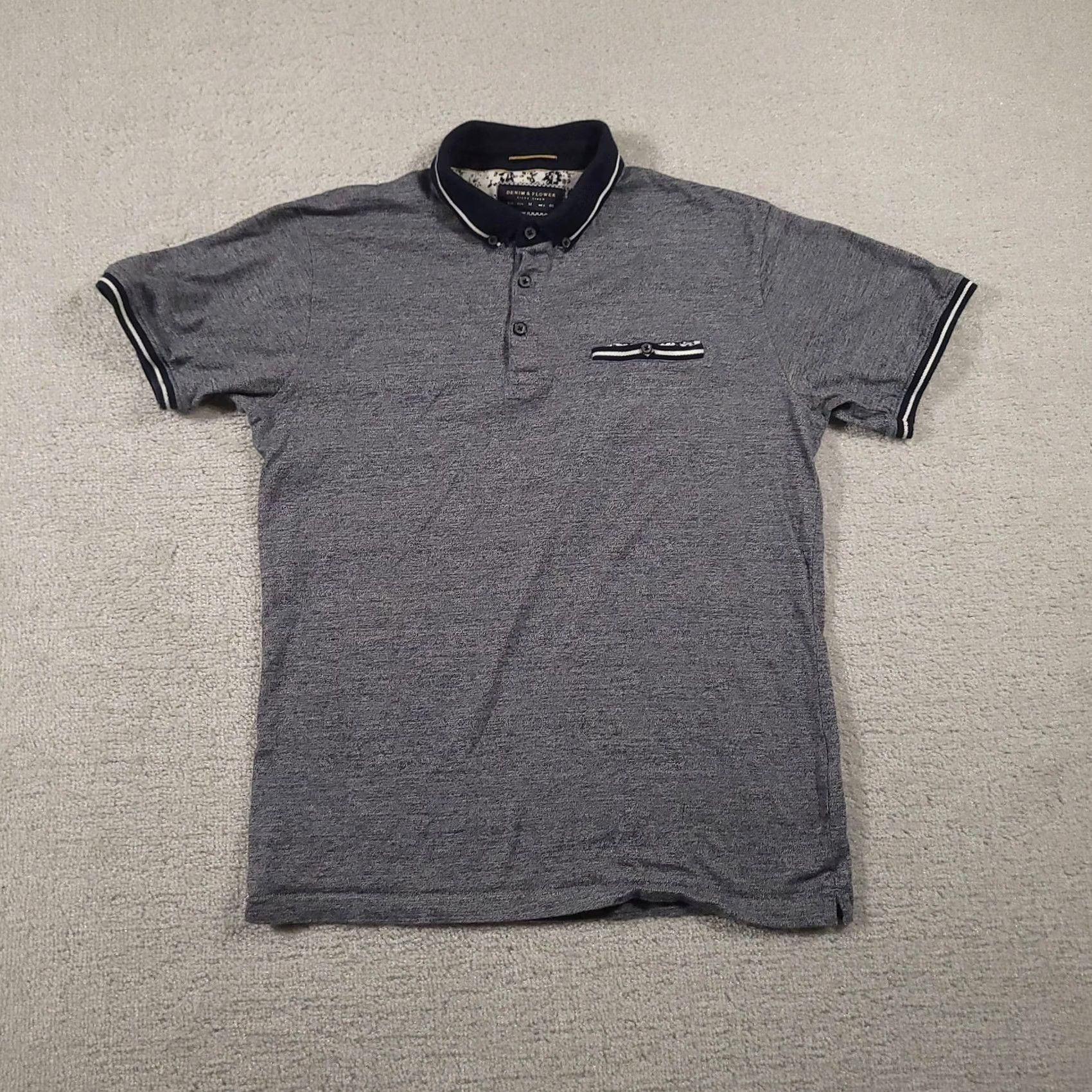 Vintage Denim & Flower Polo Shirt Mens M Gray Blue Slim Fit Short Sleeve Pocket Size US M / EU 48-50 / 2 - 2 Thumbnail