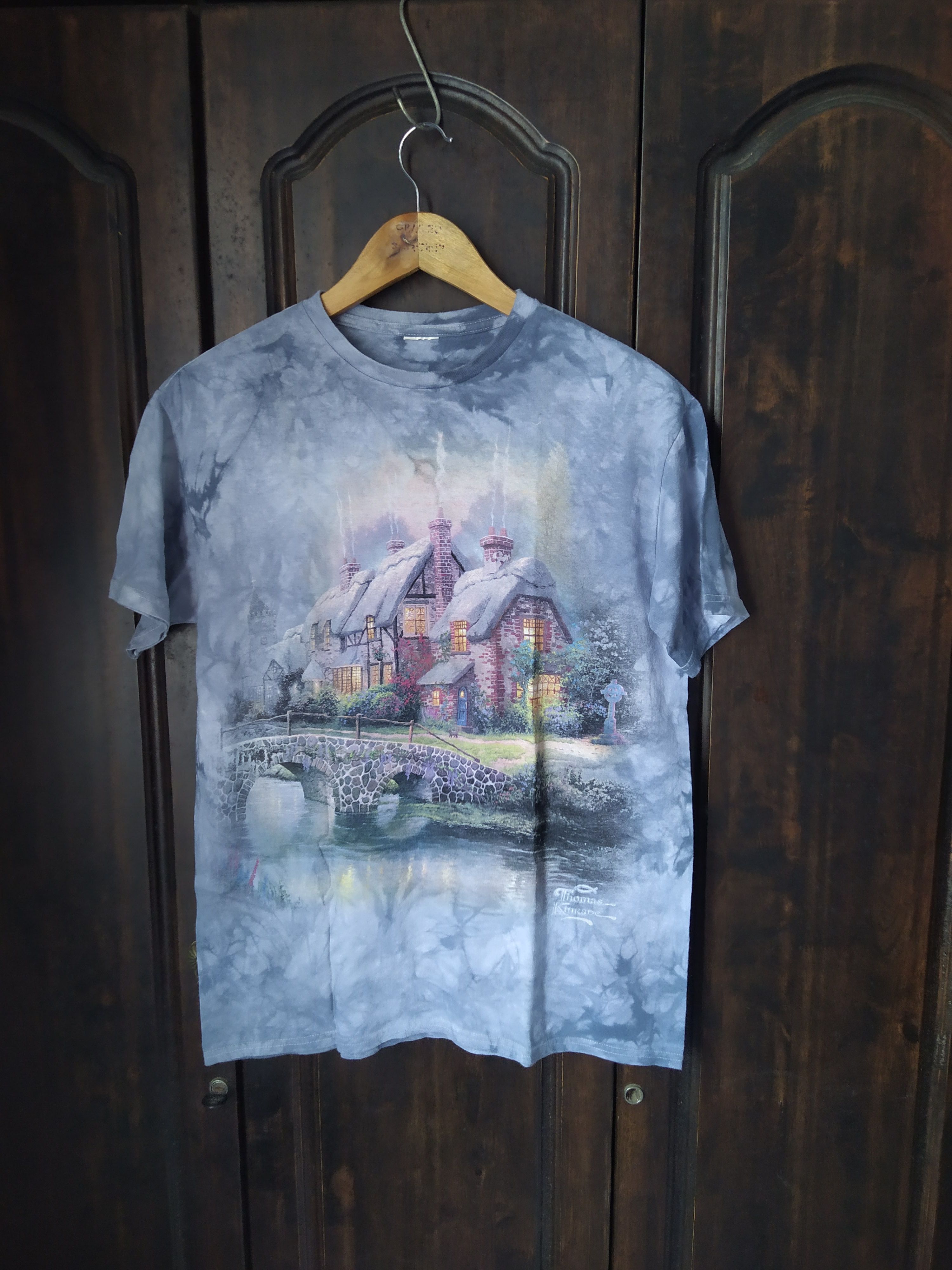 Pre-owned Vintage Landscape Art Tye Dye By Thomas Kinkade Tshirt In Blue