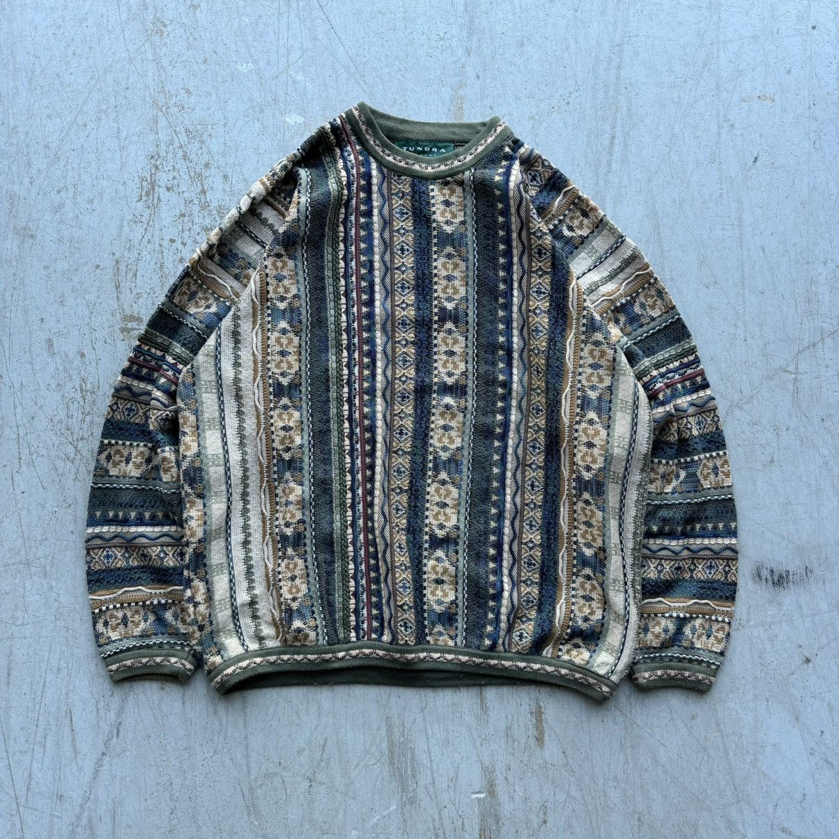 Vintage Tundra Cable Knit Coogi Style Sweater Pullover Size online Large Blue Beige