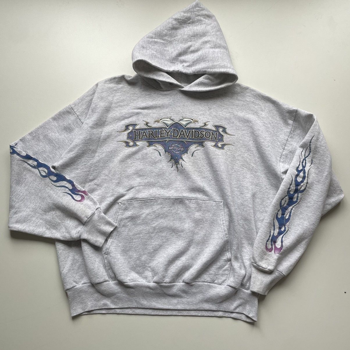 image of Vintage 90's Harley Davidson Flame Graphic Hoodie 2Xl in Grey, Men's