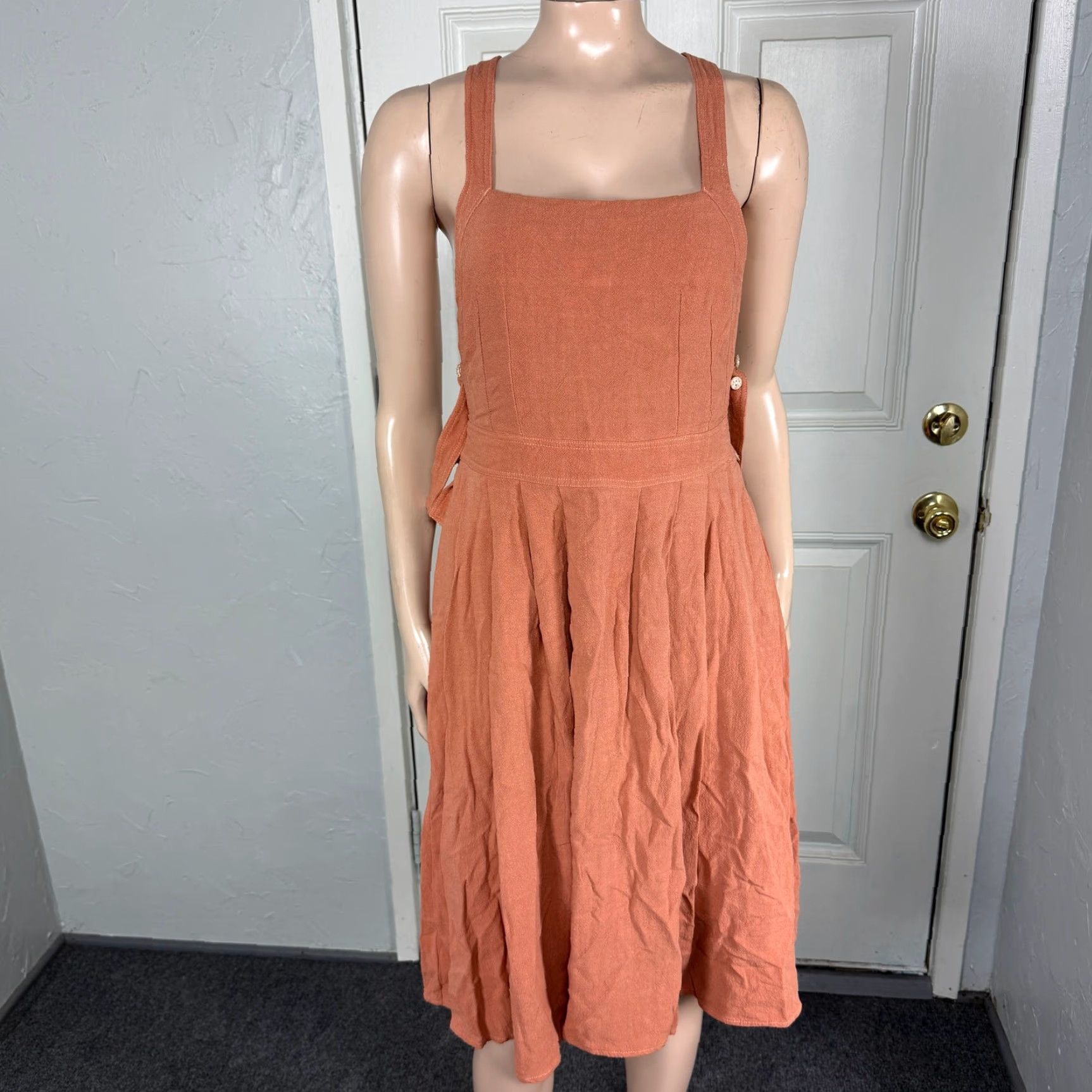 Vintage Lelasilk Women's Dress Apron Sleeveless Cotton Open Back Pockets LL20 - Salmon Orange Solid Knit Knee Length Casual Square Neck Sleeveless Dress Size S / US 4 / IT 40 - 2 Thumbnail