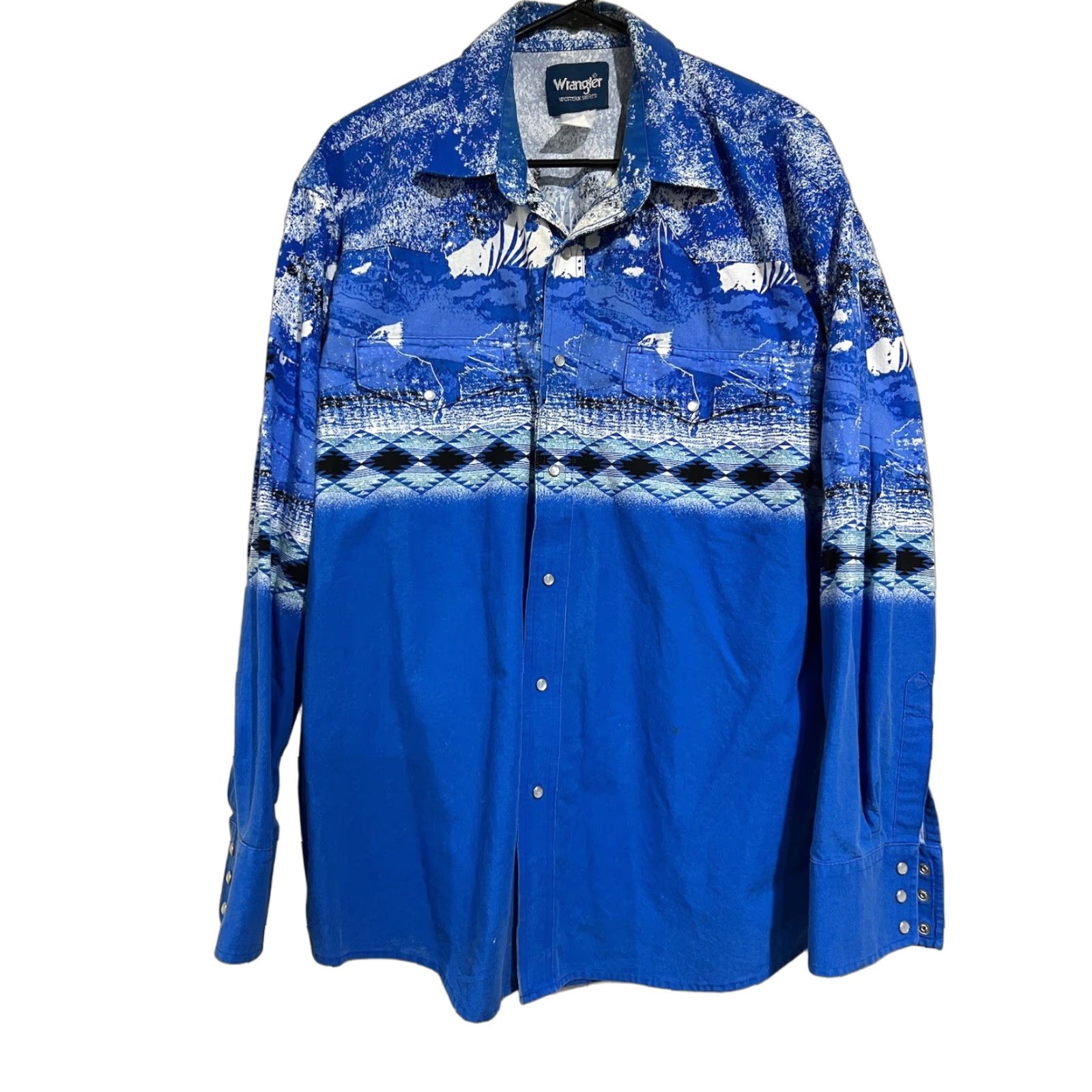 VINTAGE Wrangler Western Shirt Mens XL Blue Eagle Southwestern Print Pearl Snap