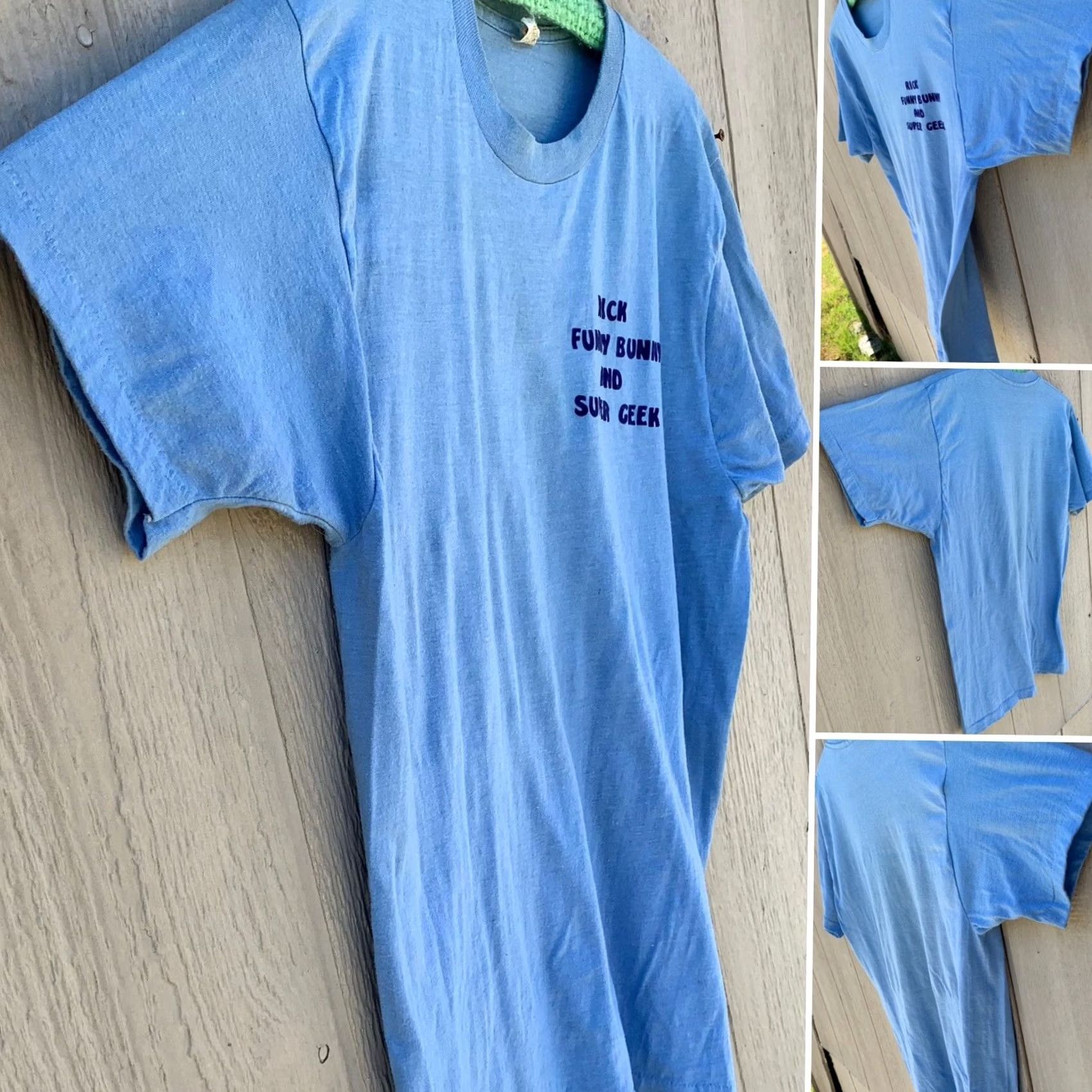 Vintage VINTAGE Rick Funny Bunny and Super Geek t-shirt (iron on lettering) 80s 1980s L Shirt Unisex Blue Screen Stars 1980s Mens Womens Girls Boys Size US L / EU 52-54 / 3 - 4 Thumbnail