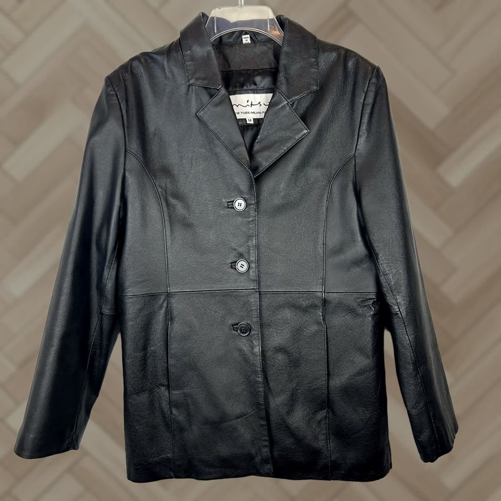 Vintage Leather Jacket Womens Medium Black 3 Button Coat Old Money Quiet Luxury Size M / US 6-8 / IT 42-44 - 1 Thumbnail
