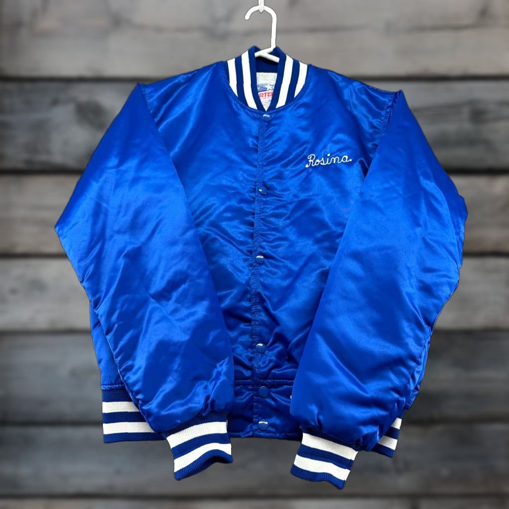 Starter VINTAGE Starter Jacket Mens M Blue Beige H&B Trucking Chainstitch Satin Rosina 90s Jacket, Varsity, Nylon, Button Snap, Regular Fit, Men Size US M / EU 48-50 / 2 - 1 Thumbnail