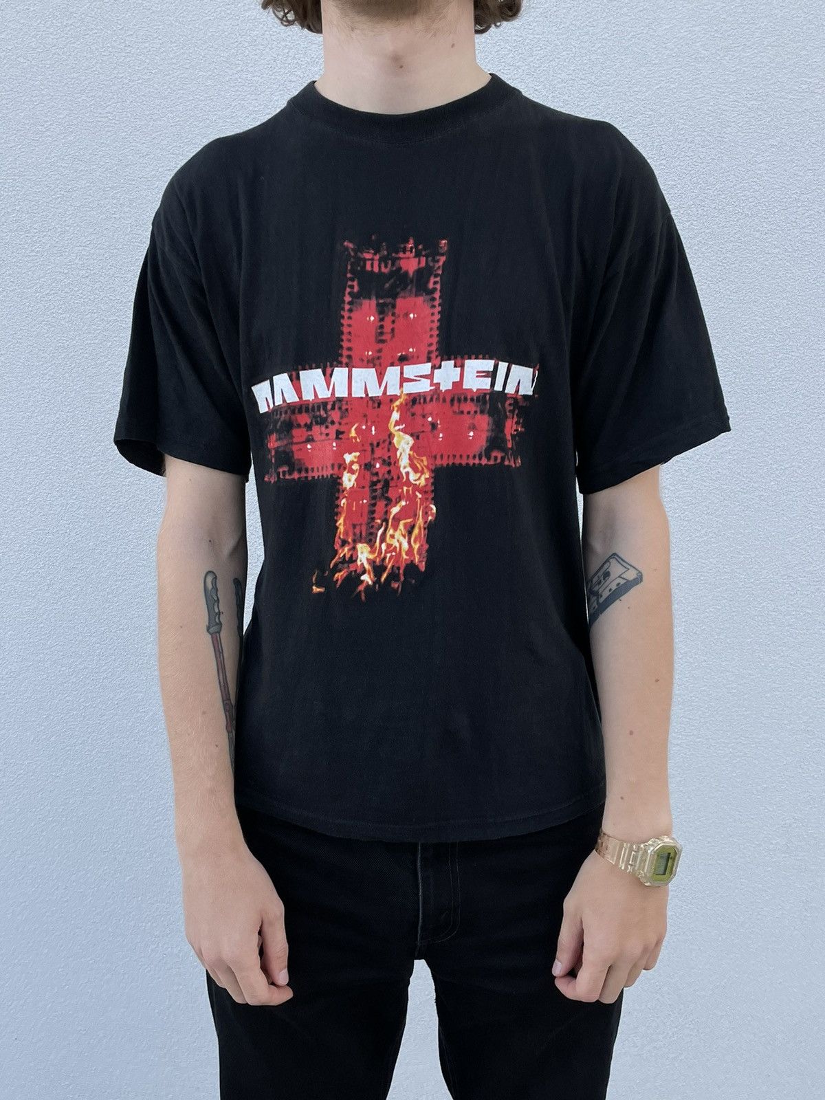 Band Tees × Vintage 00s Vintage Rammstein Flame Logo T-Shirt In Black Size US L / EU 52-54 / 3 - 2 Thumbnail