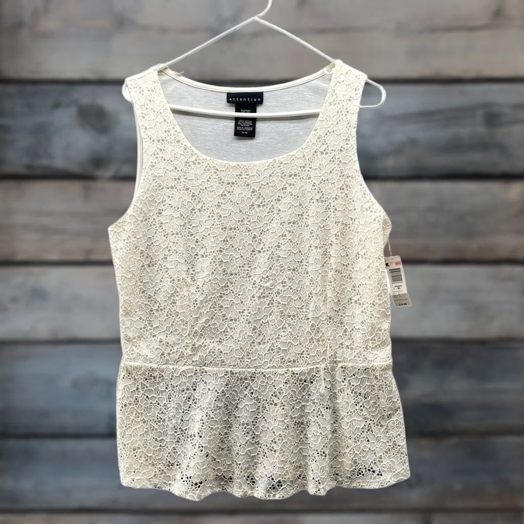Vintage Attention Lace Peplum Top Womens XL Ivory Floral Sleeveless Tank Eyelet NWT Blouse Shirt Casual Workwear).__ Size XL / US 12-14 / IT 48-50 - 1 Thumbnail