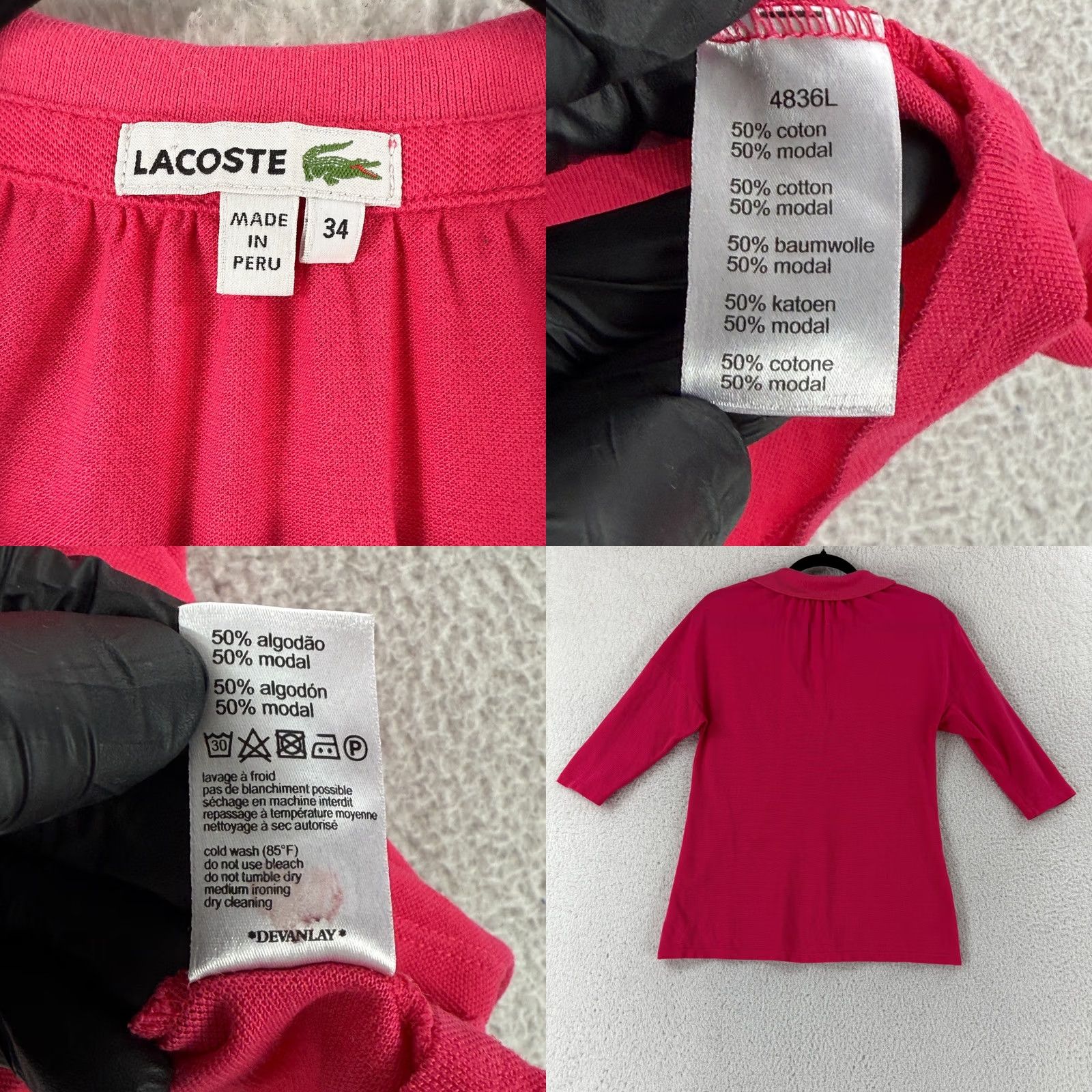 Lacoste Lacoste Polo Shirt Womens S Pink V-Neck 3/4 Sleeve Casual Knit Top Shirt Size S / US 4 / IT 40 - 8 Thumbnail