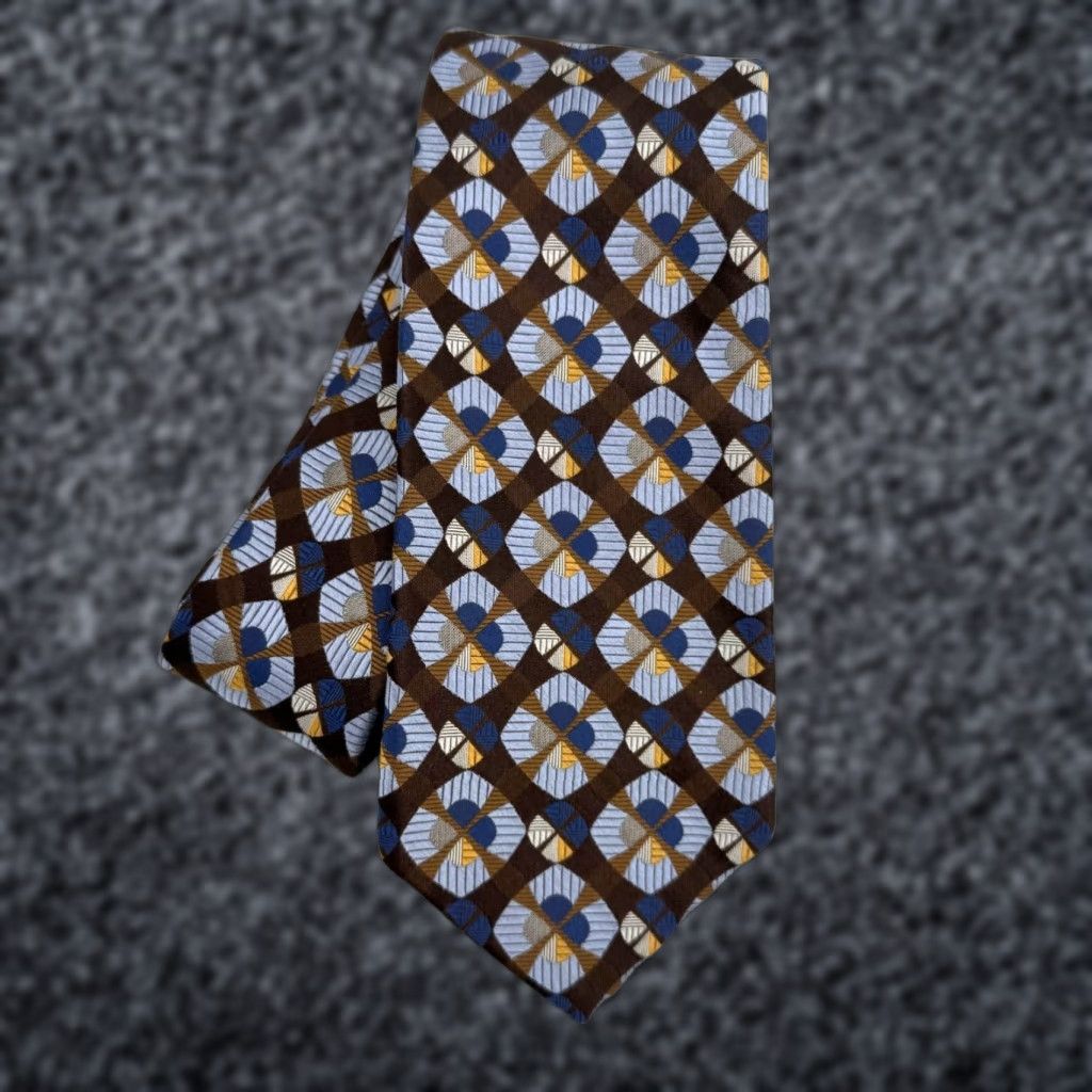 Robert Talbott VINTAGE Robert Talbott Best Of Class Handsewn Silk Tie Brown Blue Geometric Pattern USA Size ONE SIZE - 1 Thumbnail