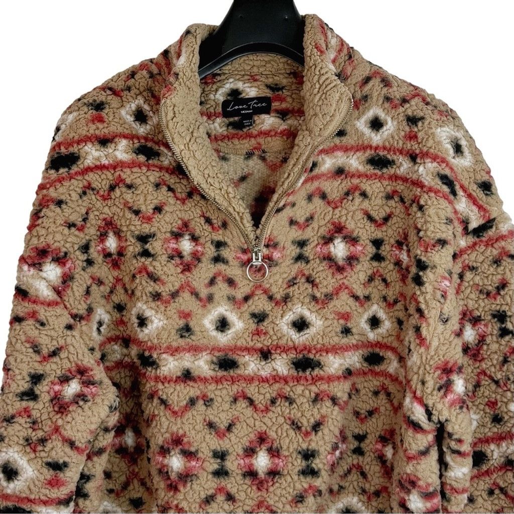 Other LOVE TREE Women's Tan Short Sherpa Aztec Pullover 1/4 Zip M Size M / US 6-8 / IT 42-44 - 1 Thumbnail