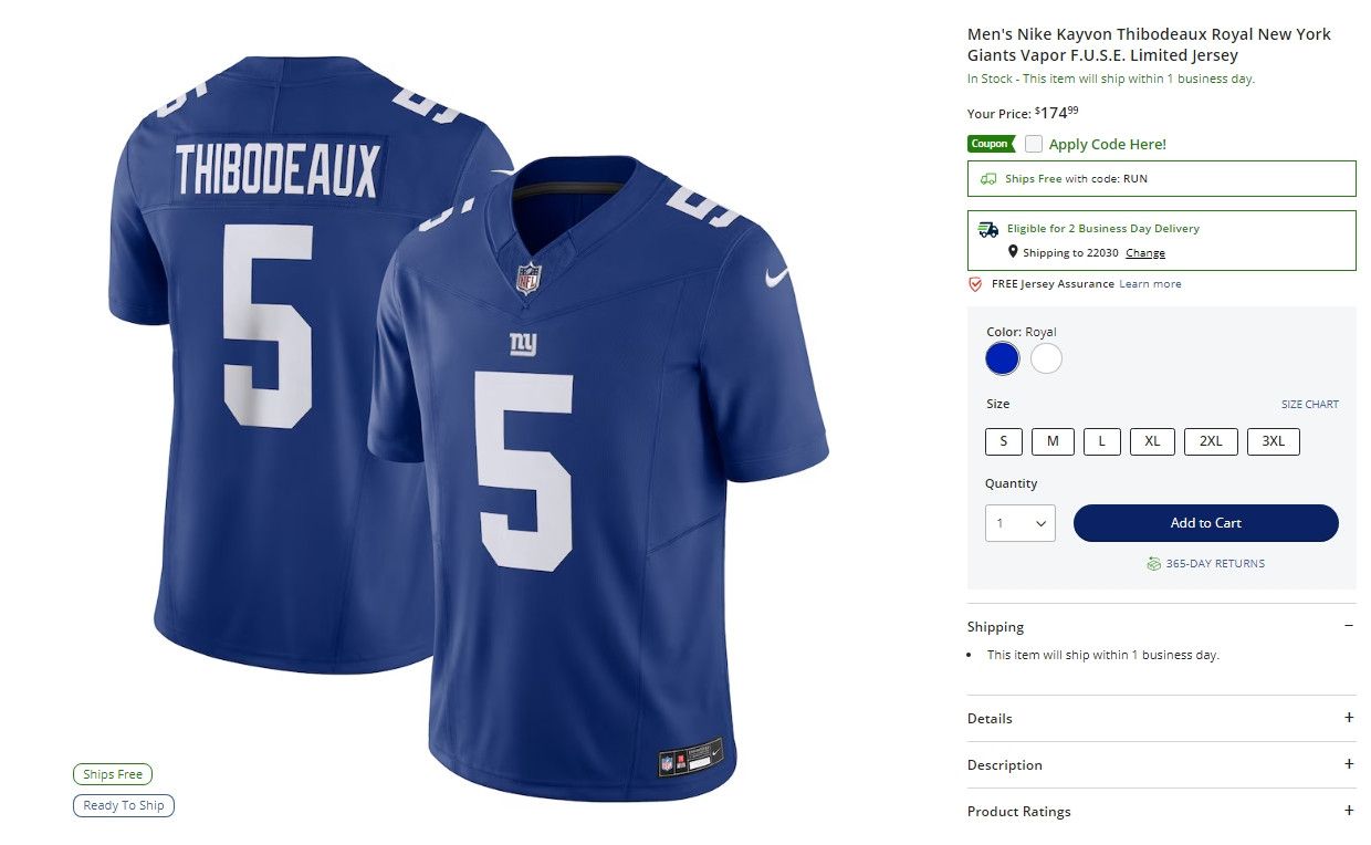NFL × Nike NFL x Nike Kayvon Thibodeaux New York Giants Limited Jersey Size US XL / EU 56 / 4 - 1 Thumbnail