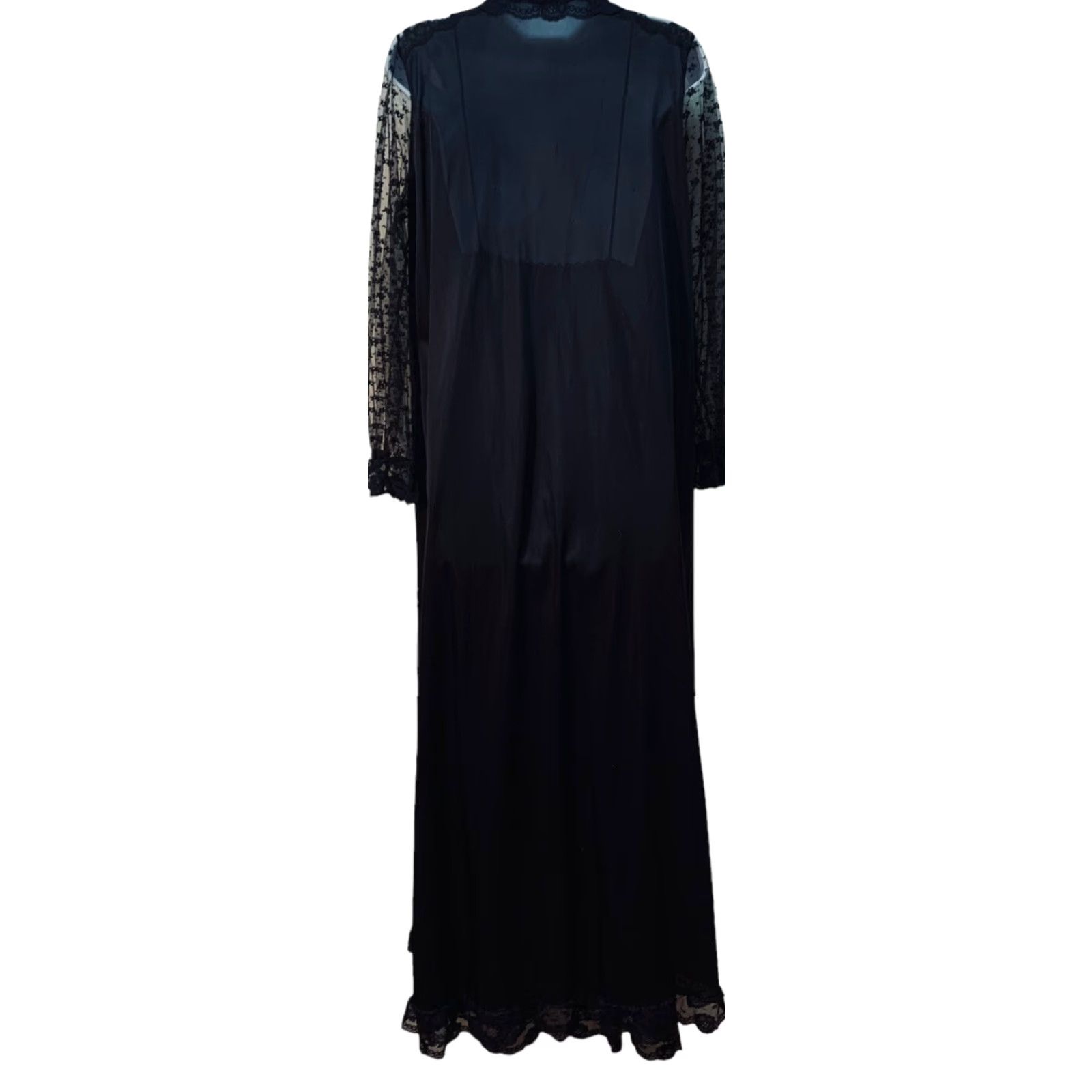 Vintage VINTAGE Black Nylon Sheer Lace Peignoir Robe Nightgown Negligee Long Gown Set M Size ONE SIZE - 3 Thumbnail