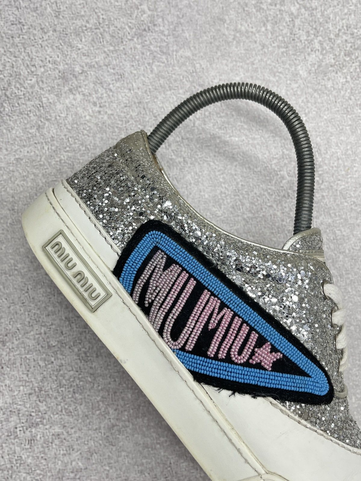 Miu Miu Miu Miu Leather Low Top Sneakers White/Glitter Silver Luxury Size US 7 / IT 37 - 7 Thumbnail