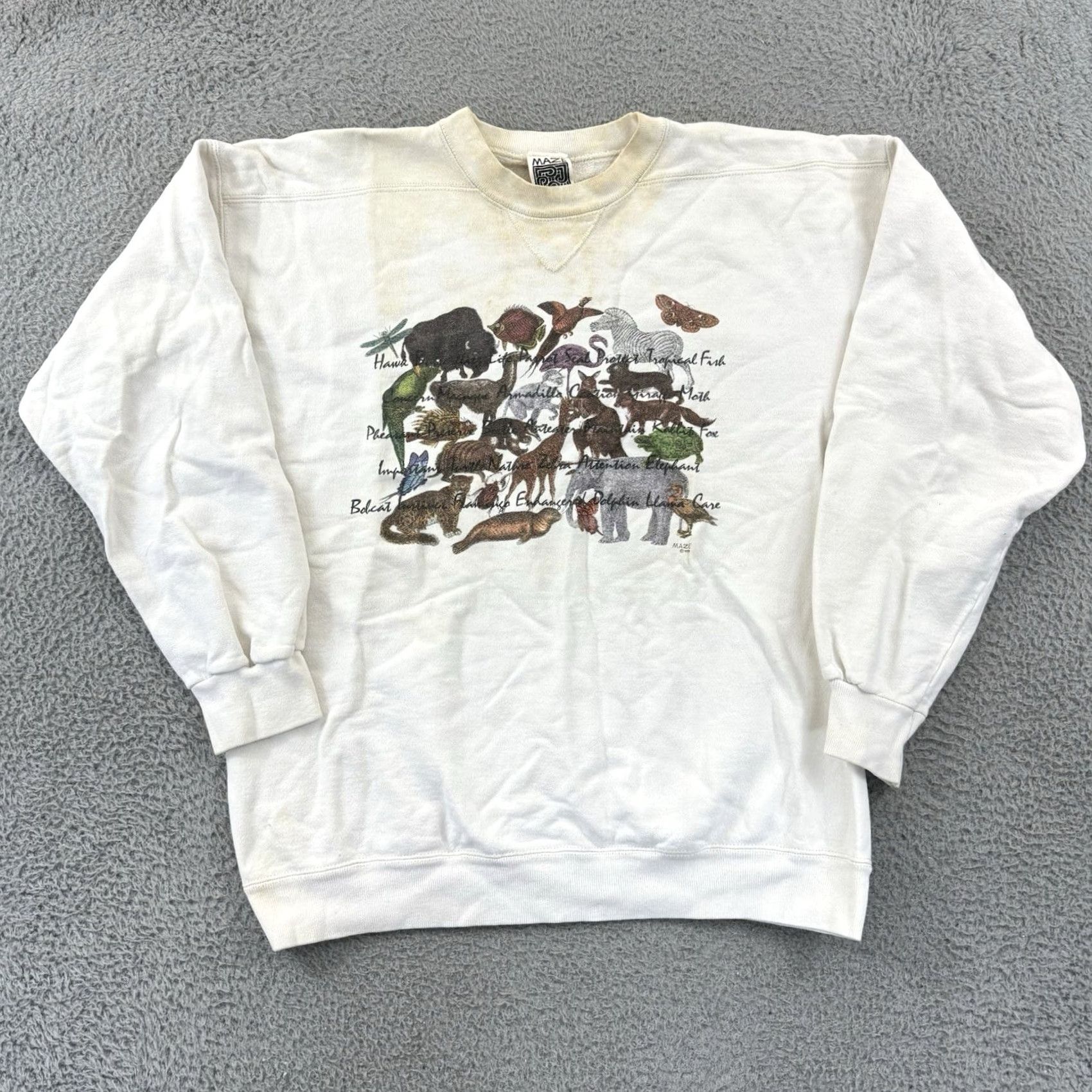 Vintage VINTAGE Maze Sweatshirt Shirt Mens XL White 90s Animals USA Made Cotton Polyester Crew Neck Long Sleeve Graphic Print Skool Logo Pullover Size US L / EU 52-54 / 3 - 2 Thumbnail