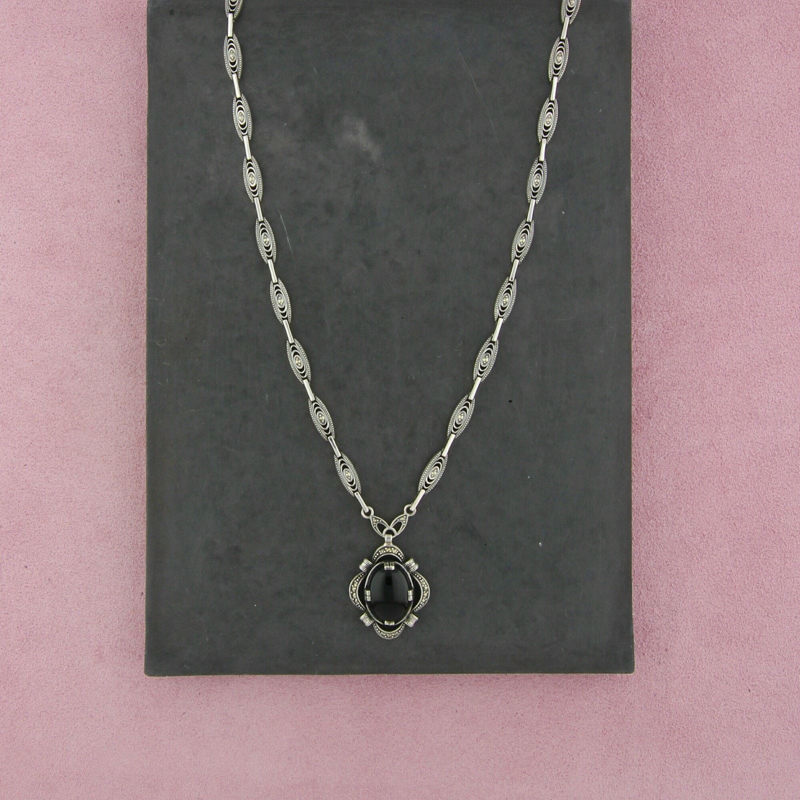 Sterling Silver sterling silver marcasite studded onyx necklace size 19.75in Size ONE SIZE - 1 Thumbnail